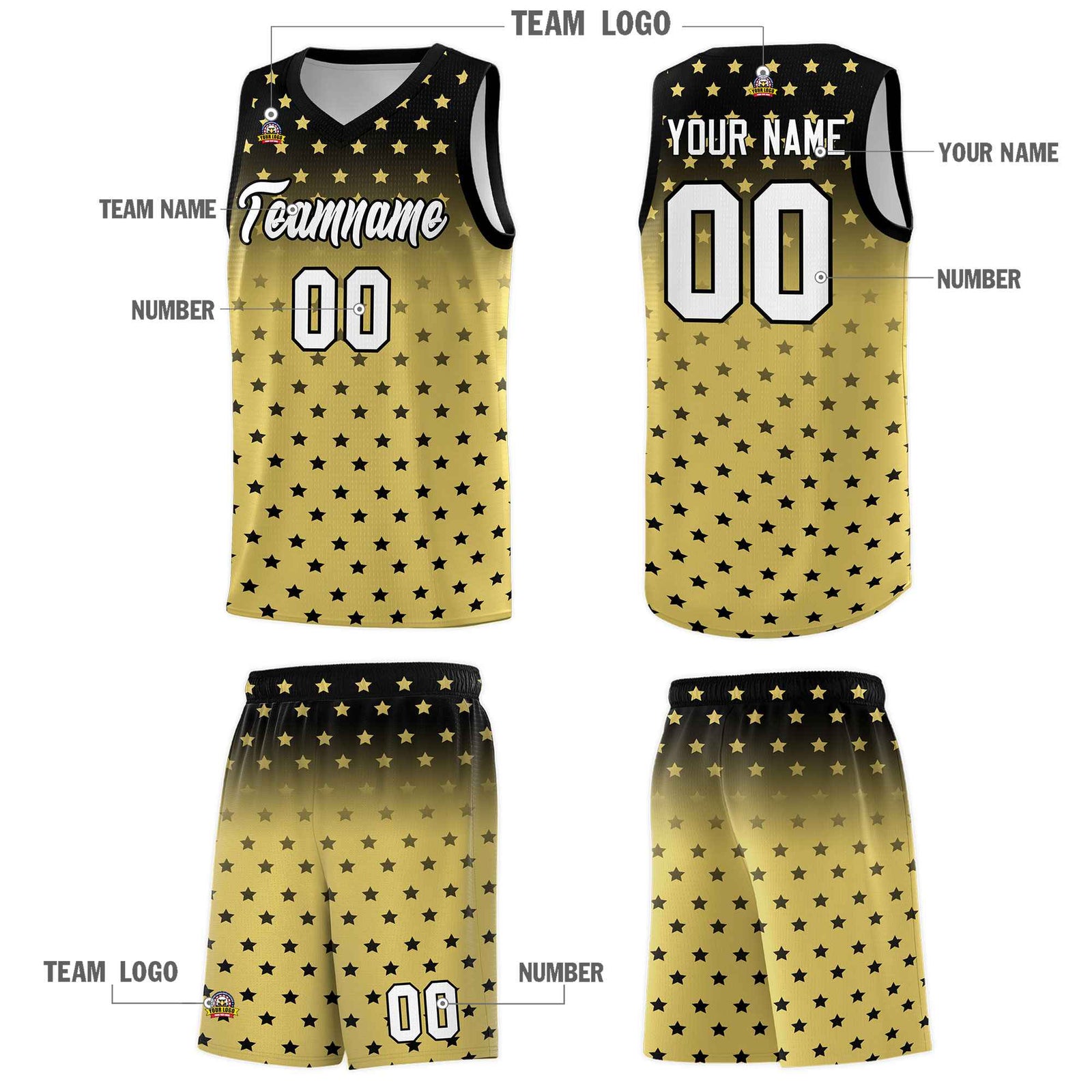 Custom Black Old Gold Gradient Start Pattern Basketball Jersey Sets