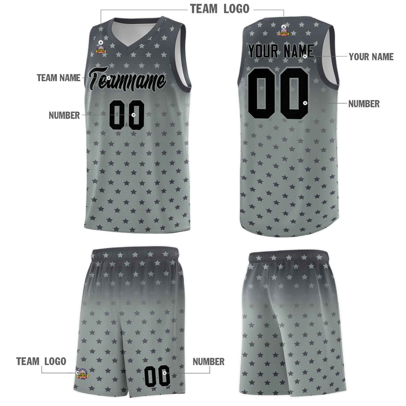 Custom Dark Gray Silver Gradient Start Pattern Basketball Jersey Sets
