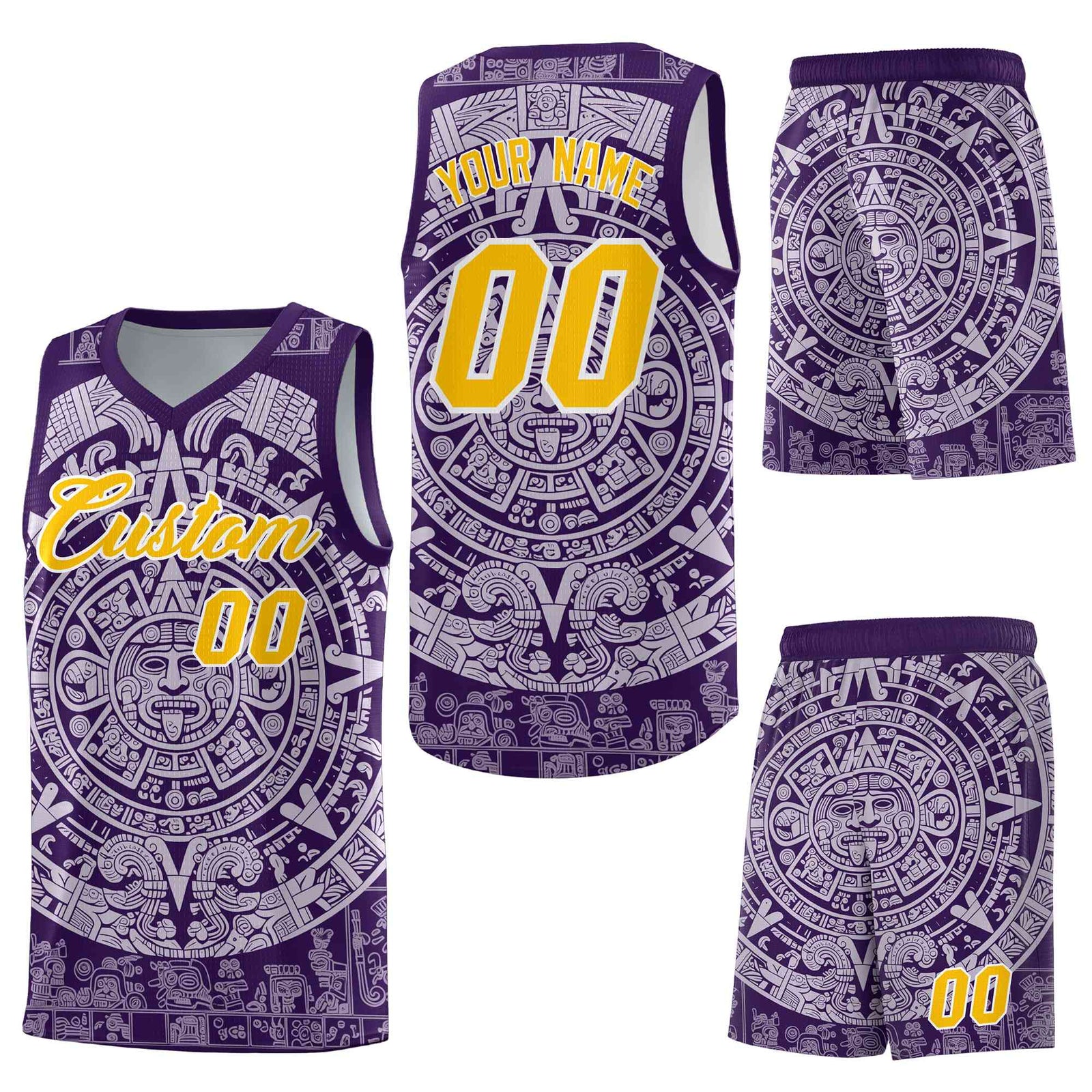 Custom Purple Light Purple Aztec Sun Stone Graffiti Pattern Quick-Drying Uniform Basketball Jersey