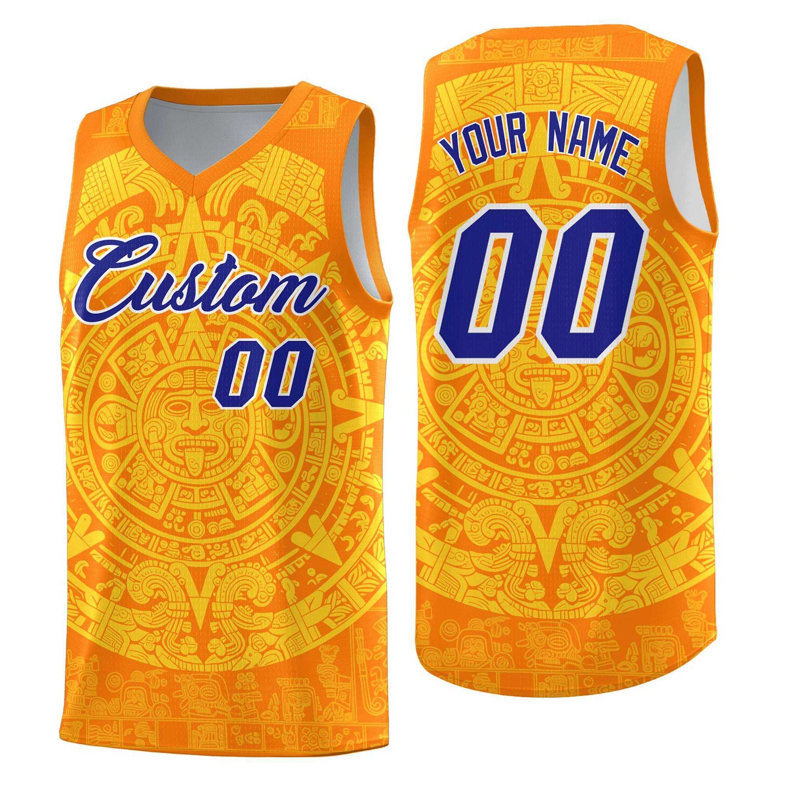 Custom Youth Basketball Jerseys Gold Aztec Sun Stone Design Team Uniform