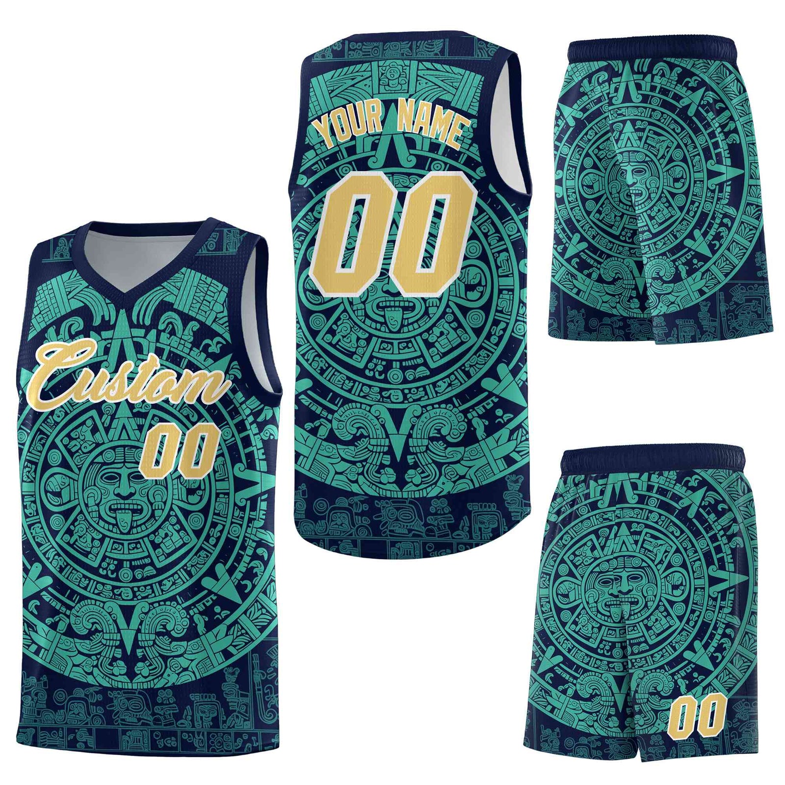 Custom Navy Aqua Aztec Sun Stone Graffiti Pattern Wrinkle-Resistant Uniform Basketball Jersey