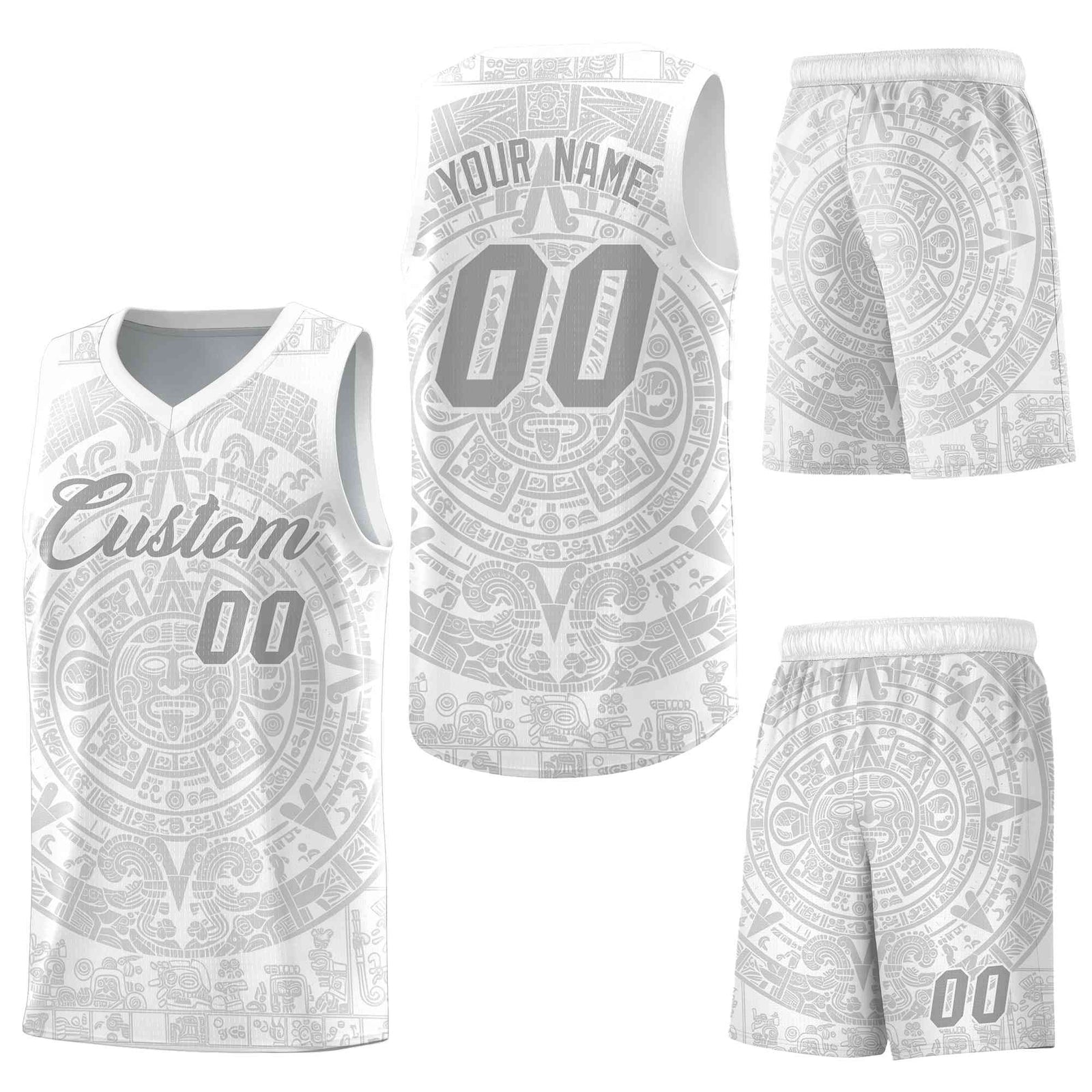 Custom White Gray Aztec Sun Stone Graffiti Pattern Drapable Uniform Basketball Jersey