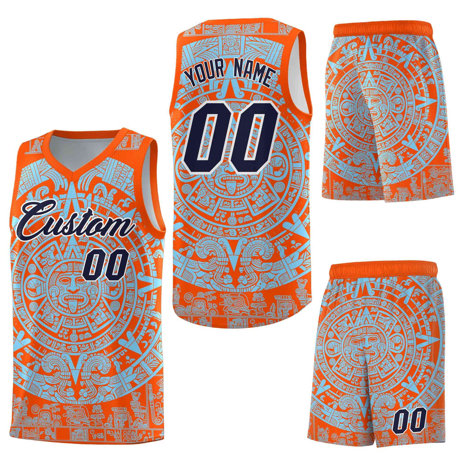 Custom Orange Light Blue Aztec Sun Stone Graffiti Pattern Quick-Drying Uniform Basketball Jersey