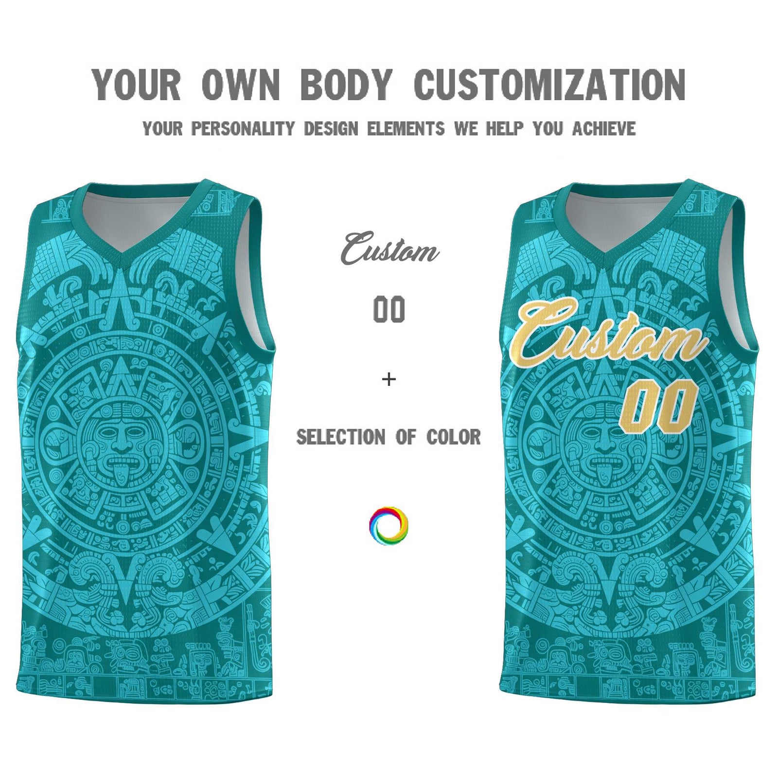 Custom Youth Basketball Jerseys Aqua Aztec Sun Stone Personalized Uniform
