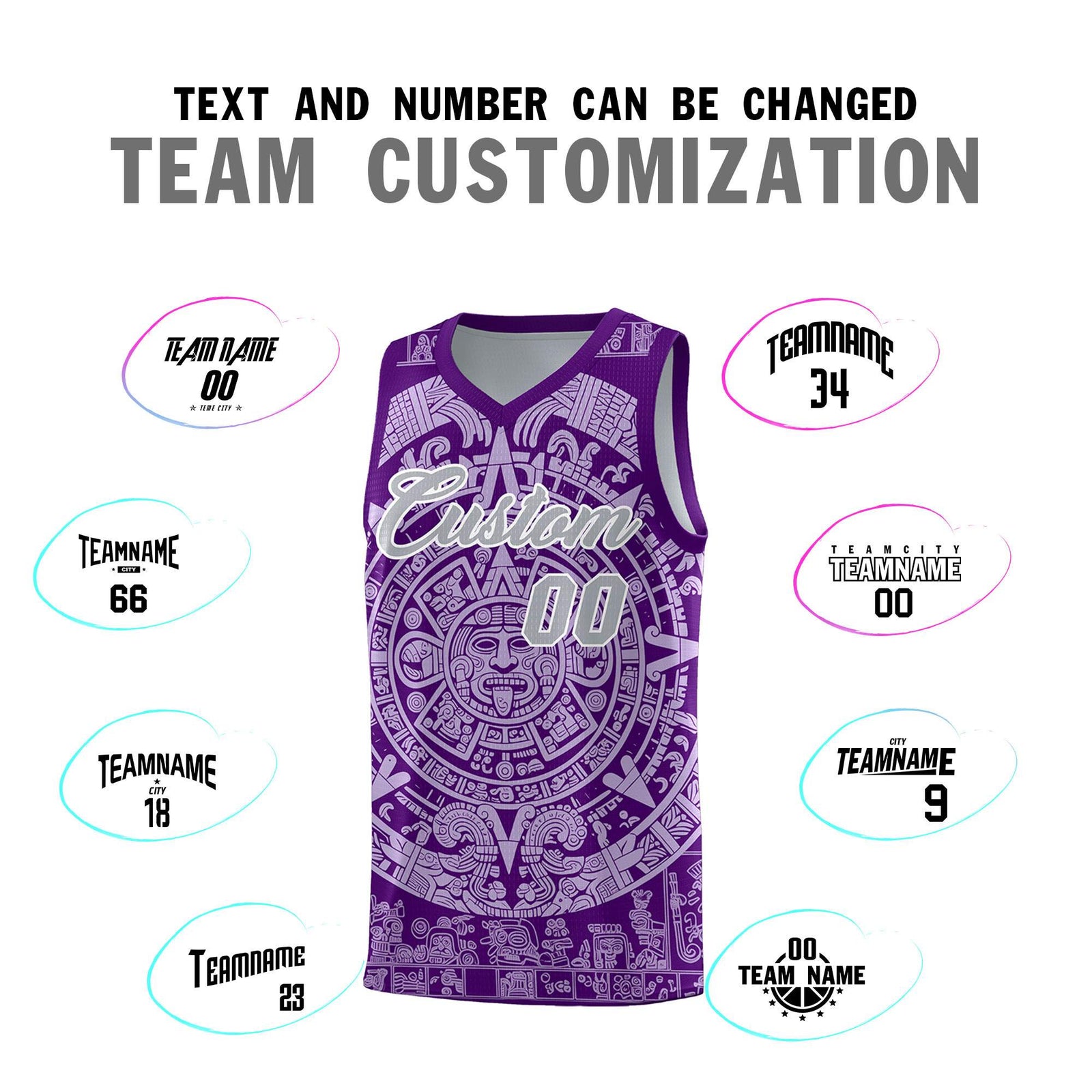 Custom Youth Basketball Jerseys Light Purple Aztec Sun Stone Pattern Custom Team Set