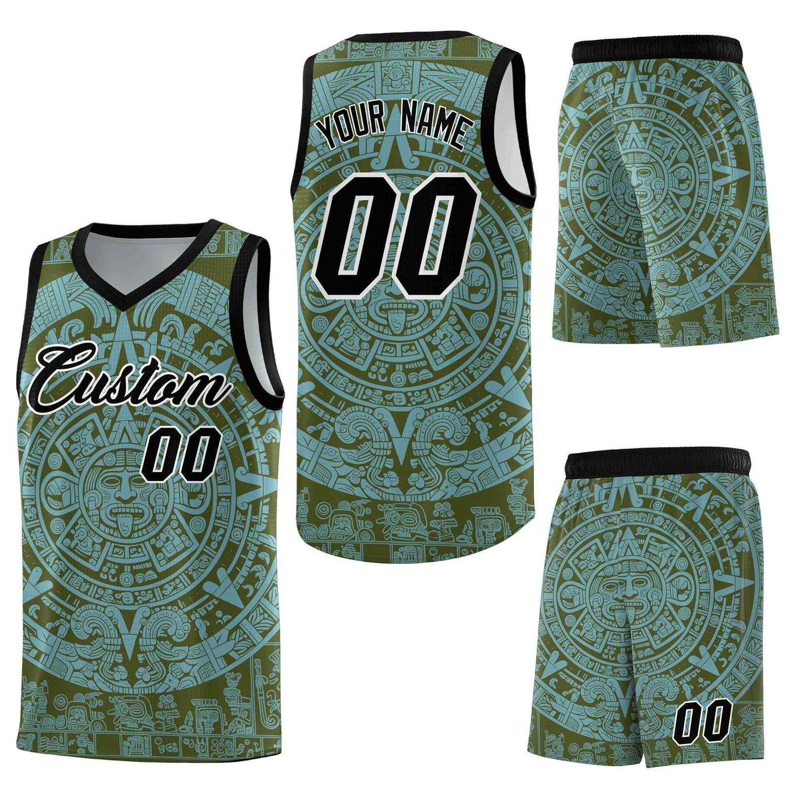 Custom Olive Sky Blue Aztec Sun Stone Graffiti Pattern Breathable Uniform Basketball Jersey