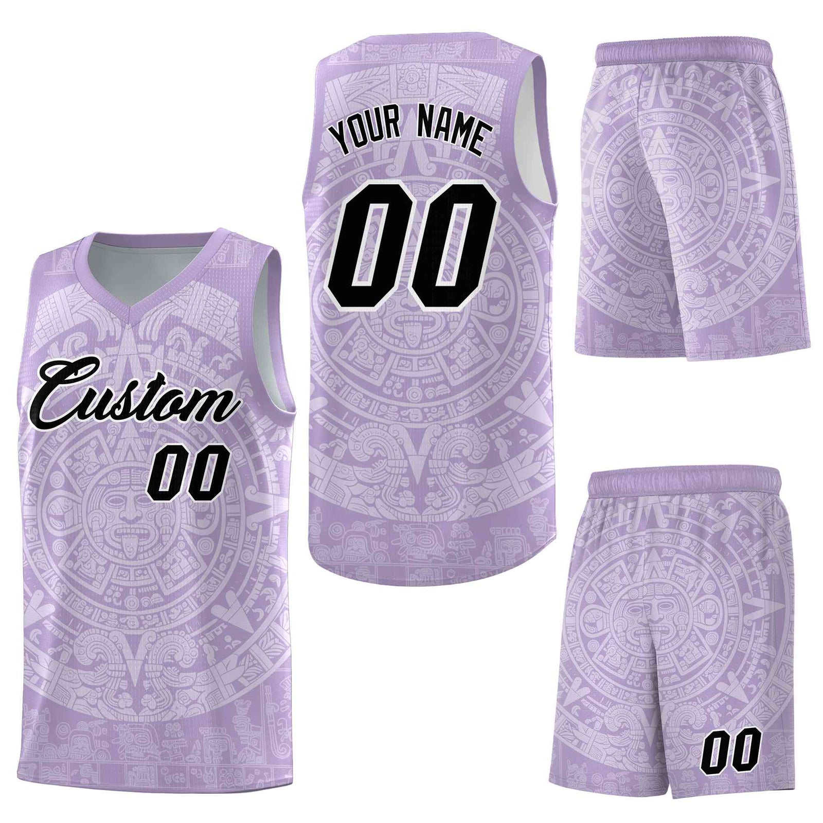 Custom Light Purple White Aztec Sun Stone Graffiti Pattern Drapable Uniform Basketball Jersey