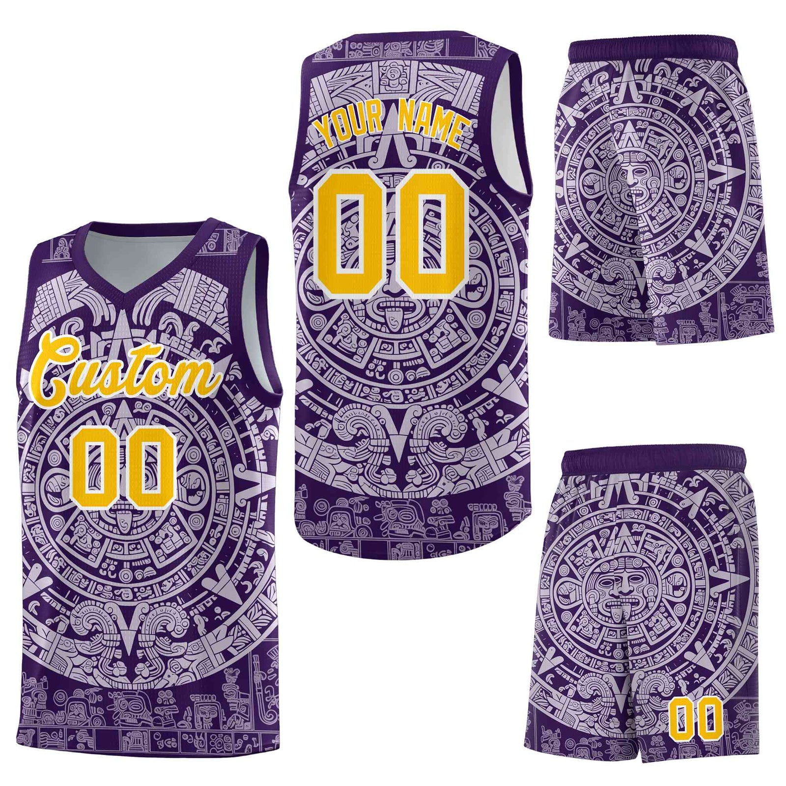 Custom Purple Light Purple Aztec Sun Stone Graffiti Pattern Quick-Drying Uniform Basketball Jersey