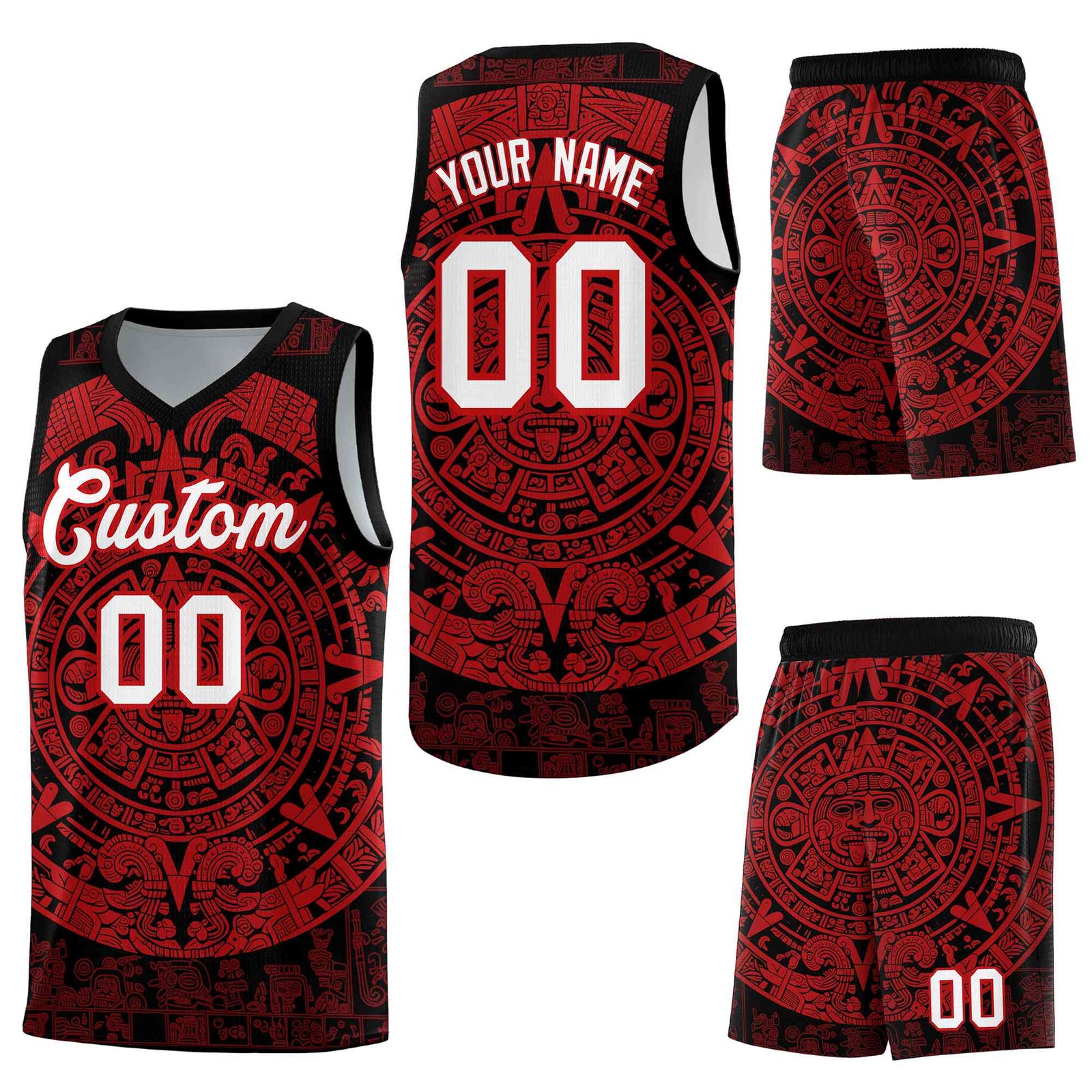 Custom Black Red Aztec Sun Stone Graffiti Pattern Drapable Uniform Basketball Jersey