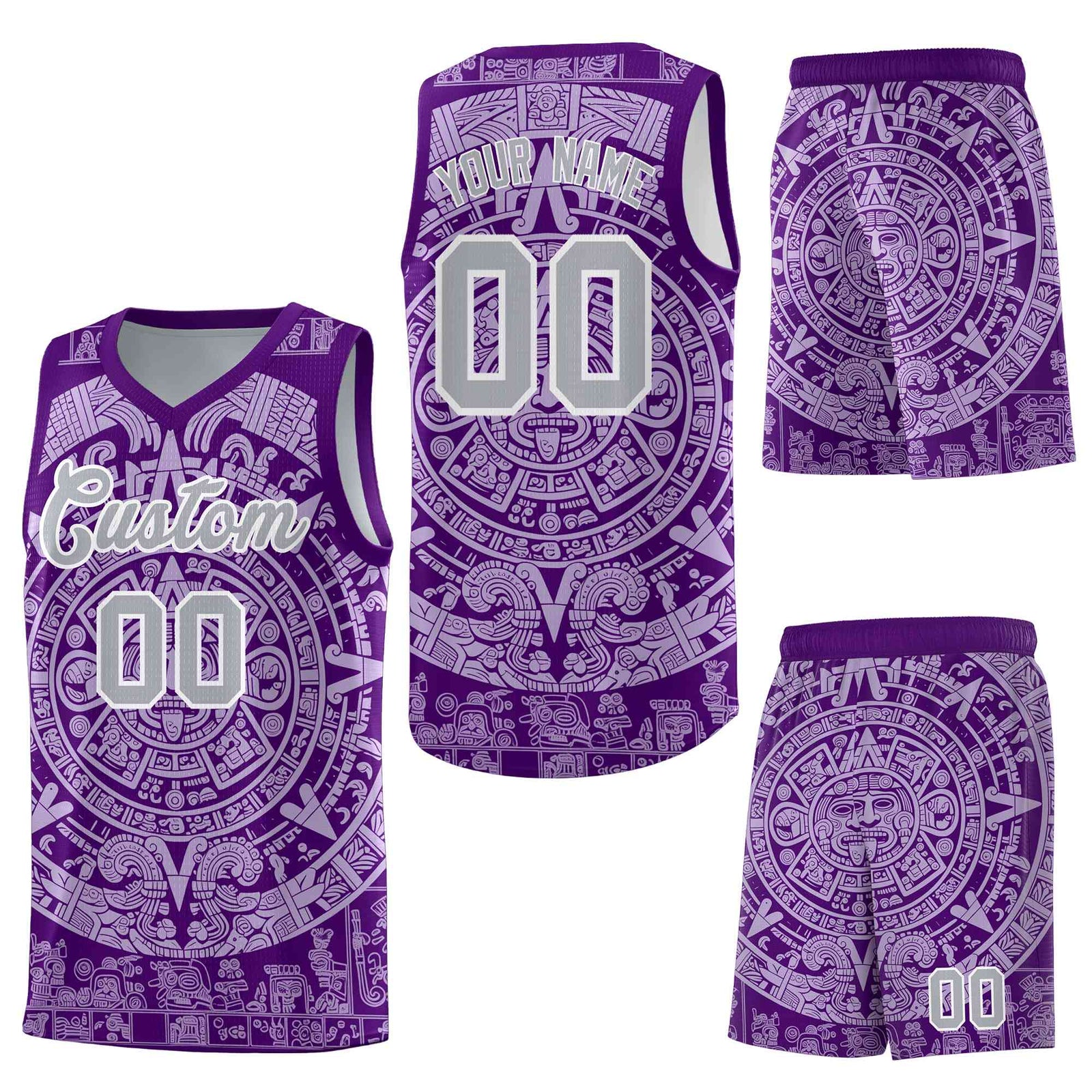 Custom Purple Light Purple Aztec Sun Stone Graffiti Pattern Wrinkle-Resistant Uniform Basketball Jersey