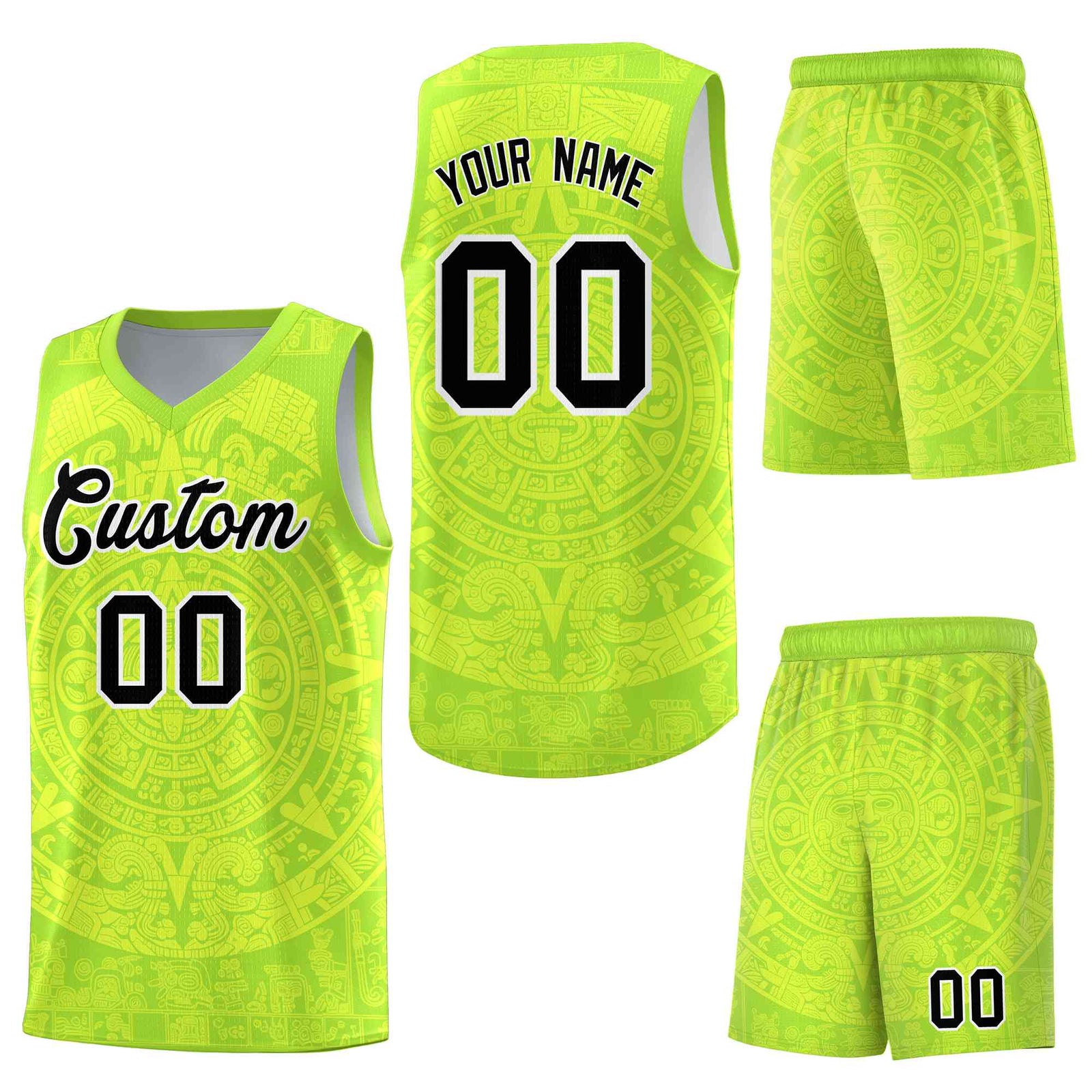 Custom Neon Green Fluorescent Green Aztec Sun Stone Graffiti Pattern Lightweight Uniform Basketball Jersey