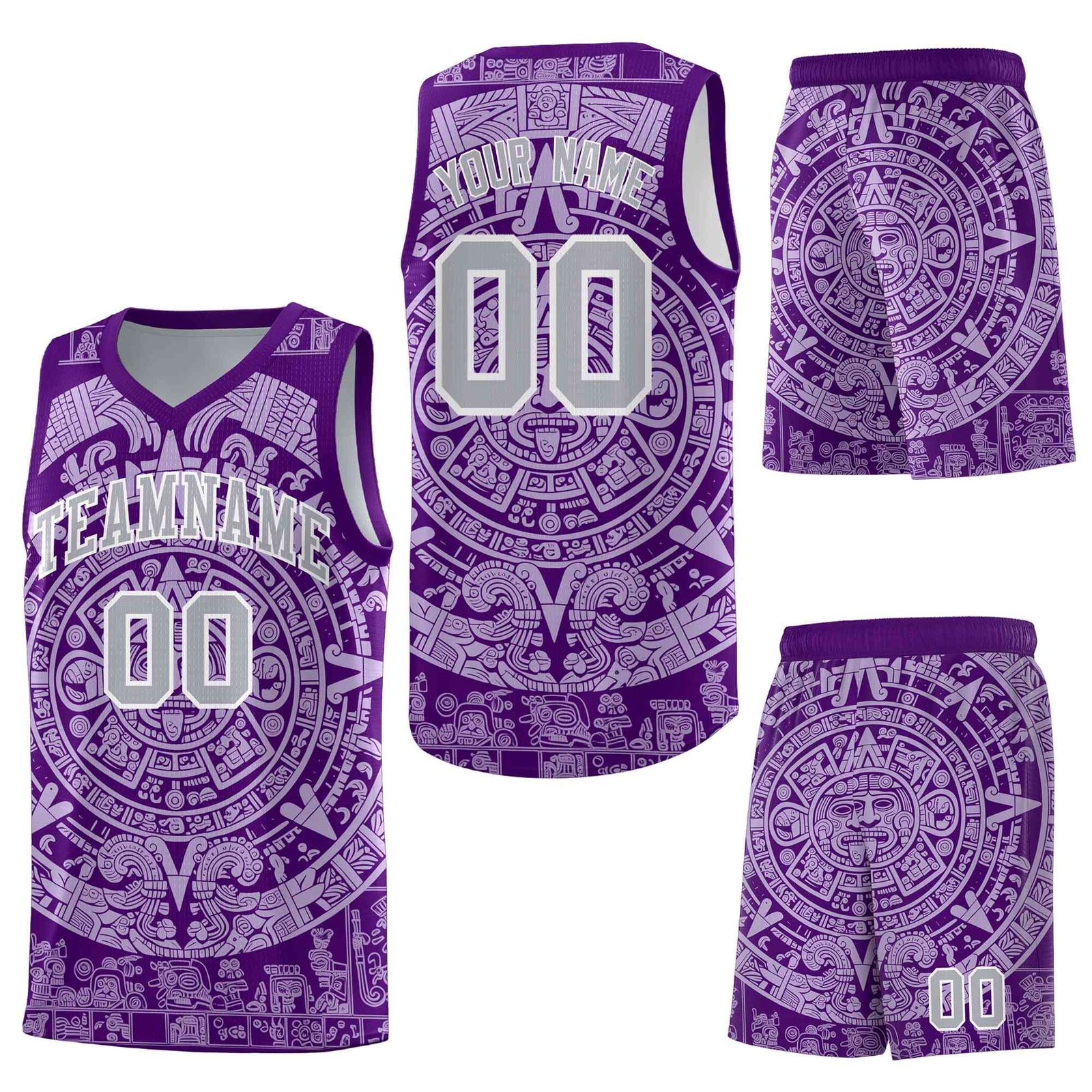 Custom Purple Light Purple Aztec Sun Stone Graffiti Pattern Wrinkle-Resistant Uniform Basketball Jersey