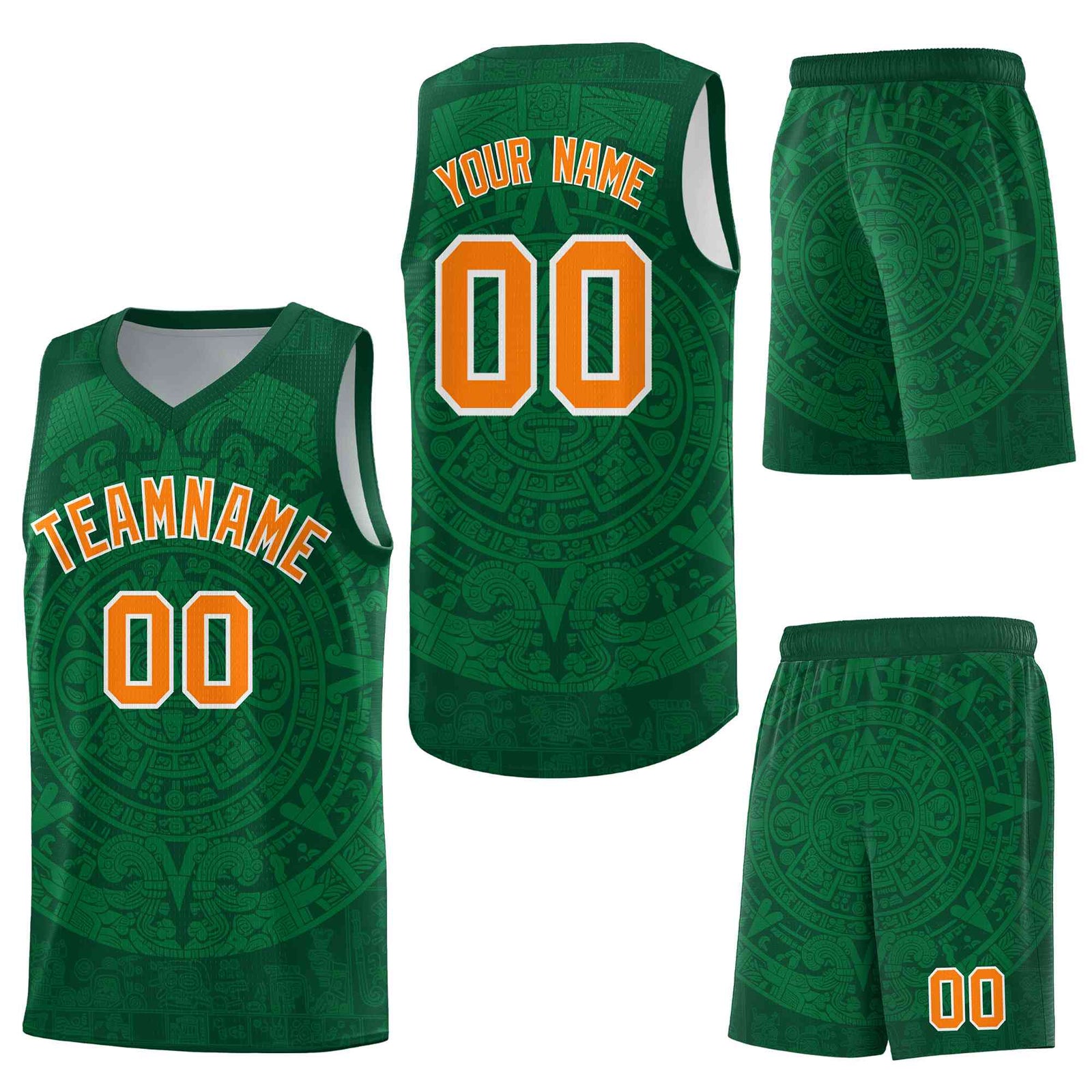 Custom Green Kelly Green Aztec Sun Stone Graffiti Pattern Wrinkle-Resistant Uniform Basketball Jersey