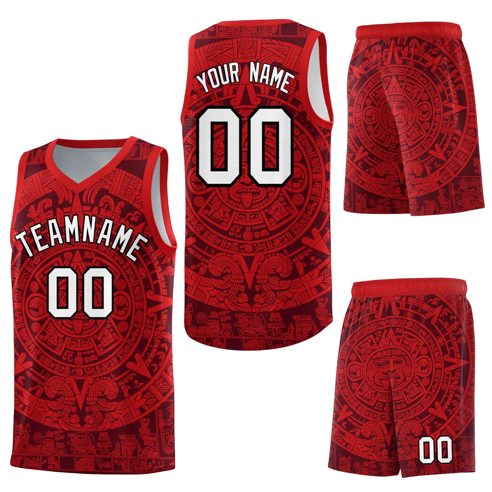 Custom Crimson Red Aztec Sun Stone Graffiti Pattern Drapable Uniform Basketball Jersey