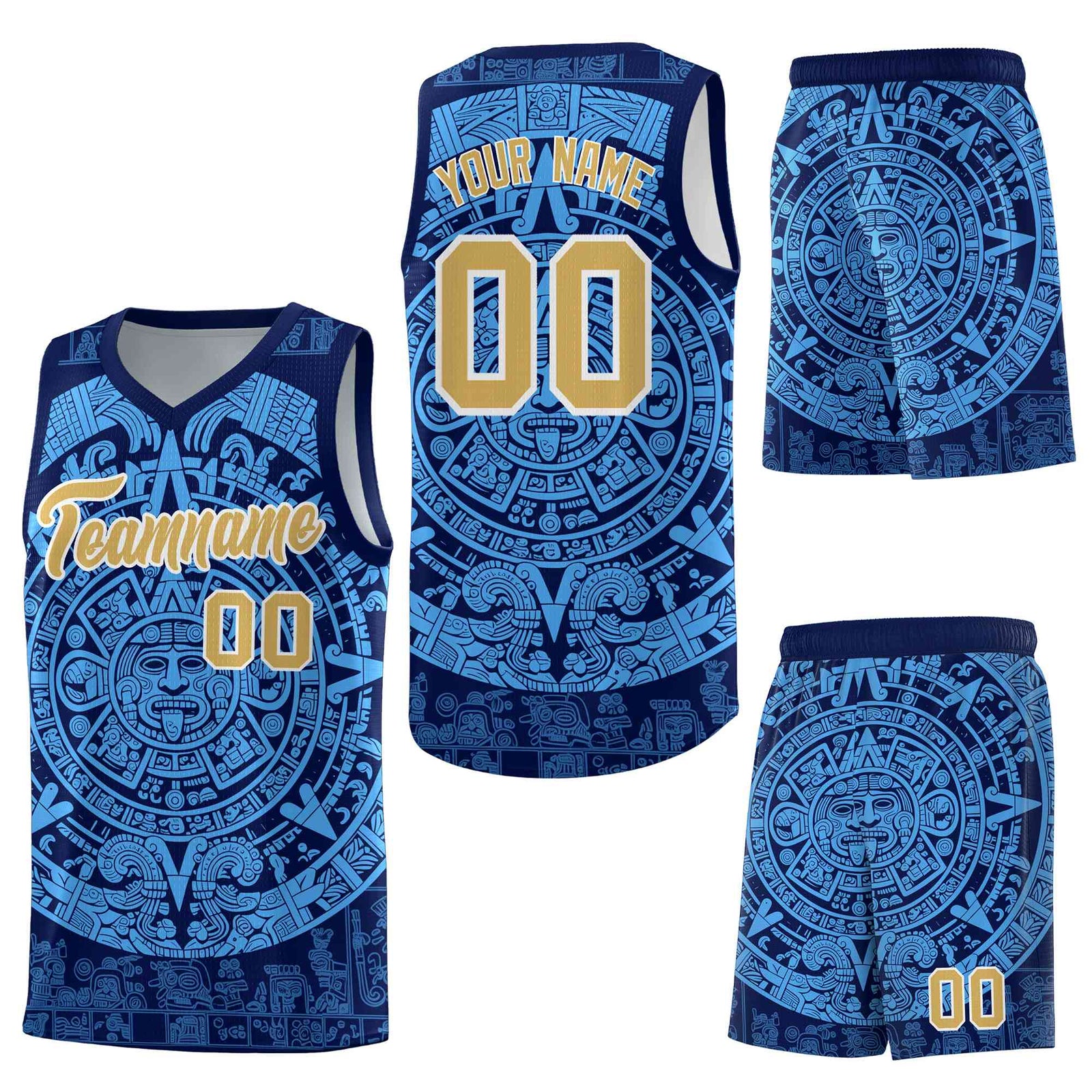 Custom Navy Powder Blue Aztec Sun Stone Graffiti Pattern Breathable Uniform Basketball Jersey