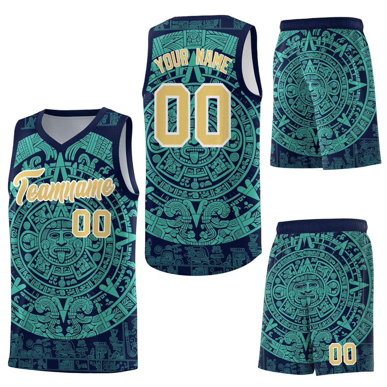 Custom Navy Aqua Aztec Sun Stone Graffiti Pattern Wrinkle-Resistant Uniform Basketball Jersey