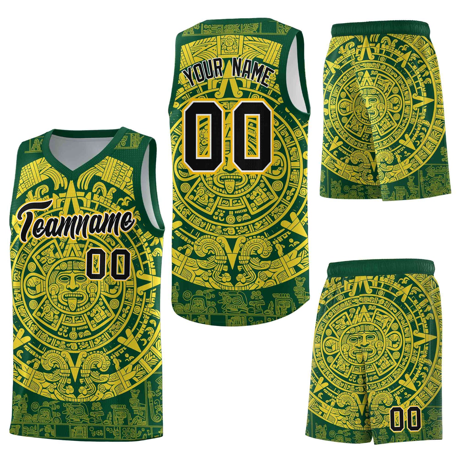 Custom Green Gold Aztec Sun Stone Graffiti Pattern Quick-Drying Uniform Basketball Jersey