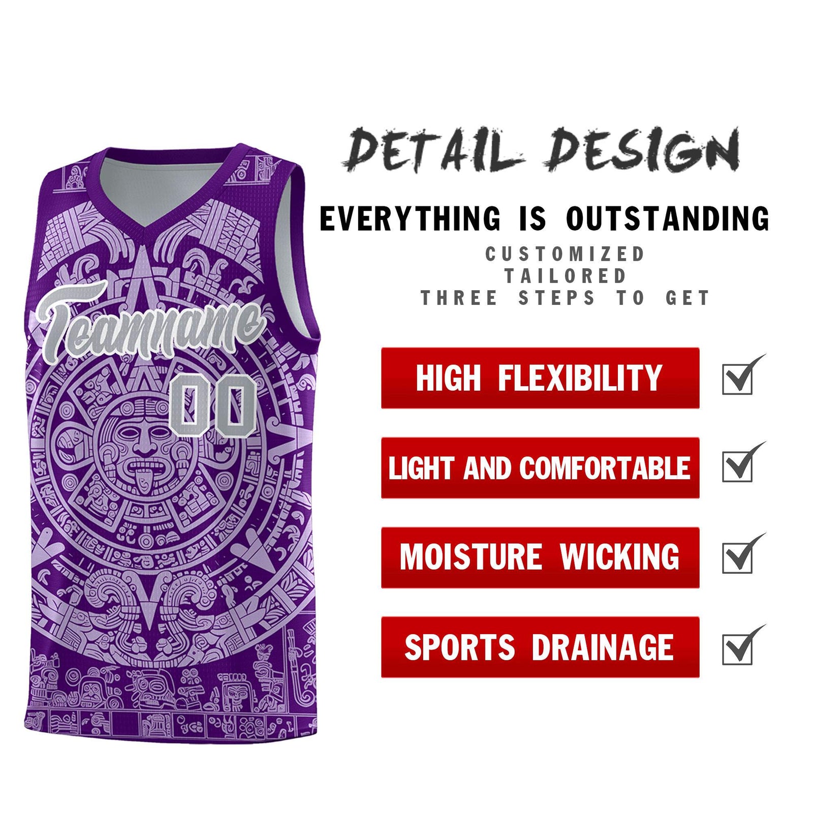 Custom Youth Basketball Jerseys Light Purple Aztec Sun Stone Pattern Custom Team Set