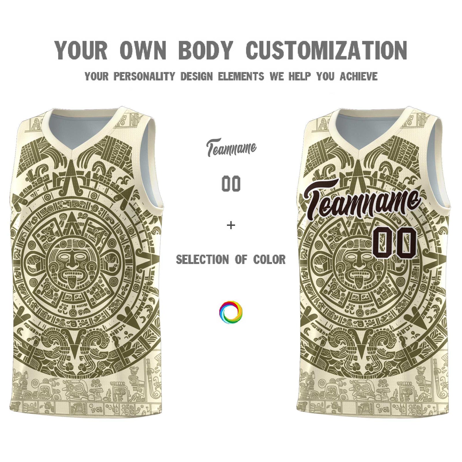 Custom Youth Basketball Jerseys Olive Aztec Sun Stone Personalized Uniform