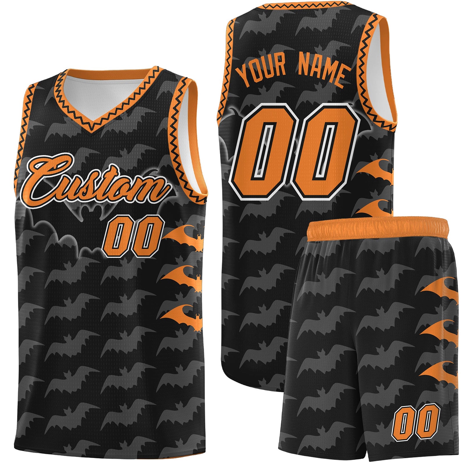 Custom Black Gold Orange Bat Pattern Halloween Basketball Jersey | For Men,For Kid,For Youth,Sublimation Printed,Perfect for Training,Perfect for Parties,Add Name and Numbern | KXKSHOP