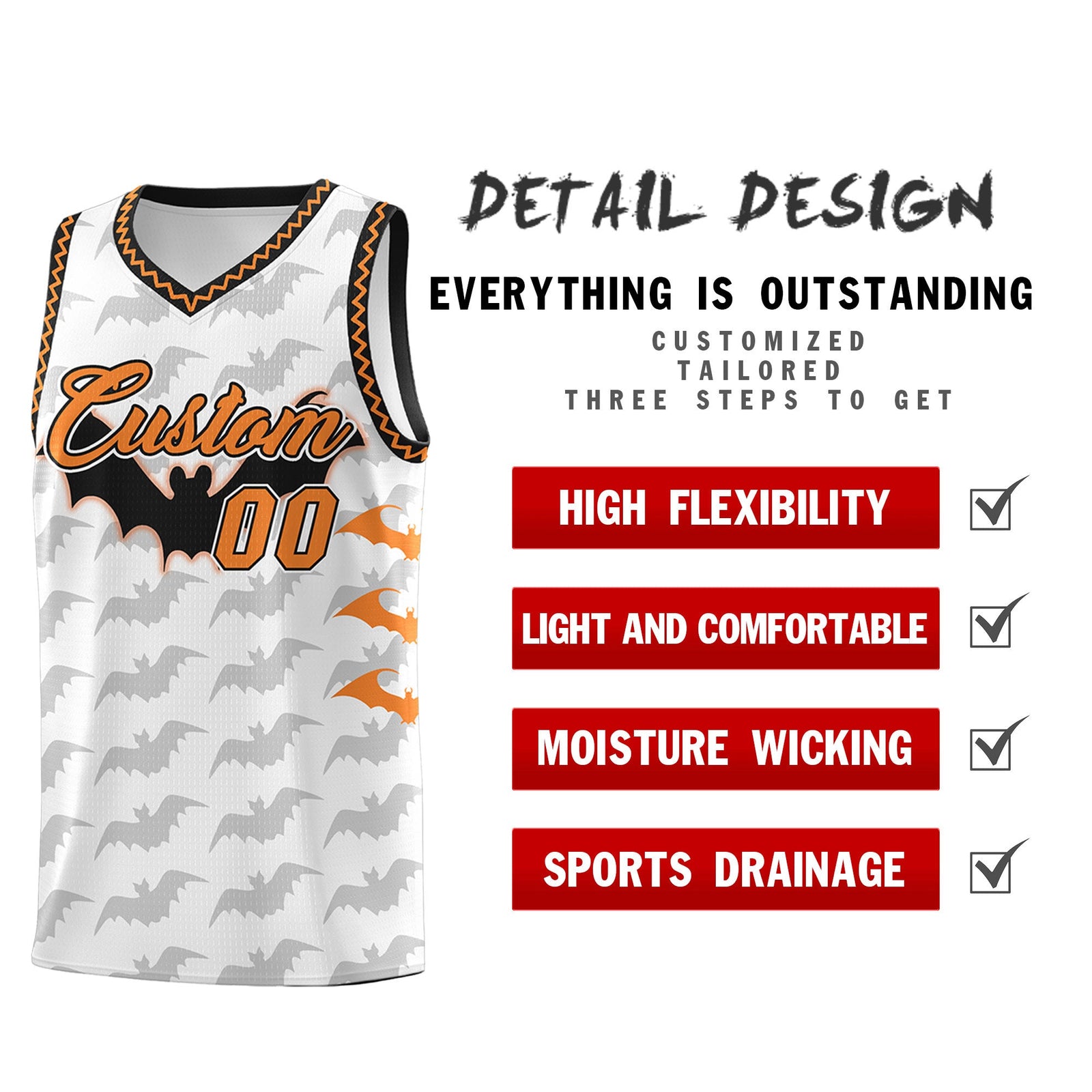 Custom White Black Bat Pattern Halloween Basketball Jersey | For Men,For Kid,For Youth,Sublimation Printed,Perfect for Training,Perfect for Parties,Add Name and Numbern | KXKSHOP