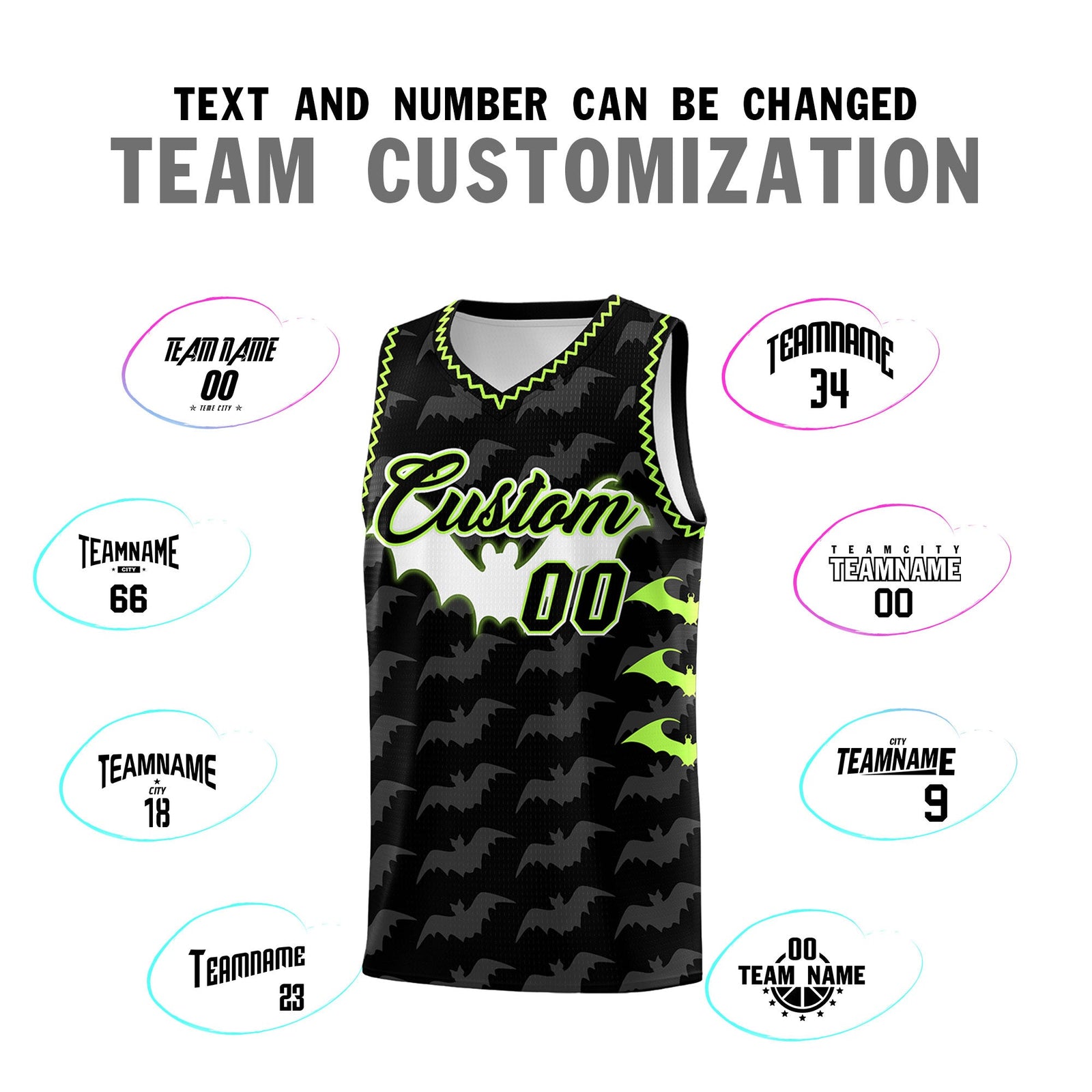Custom Black Fluorescent Green Bat Pattern Halloween Basketball Jersey | For Men,For Kid,For Youth,Sublimation Printed,Perfect for Training,Perfect for Parties,Add Name and Numbern | KXKSHOP