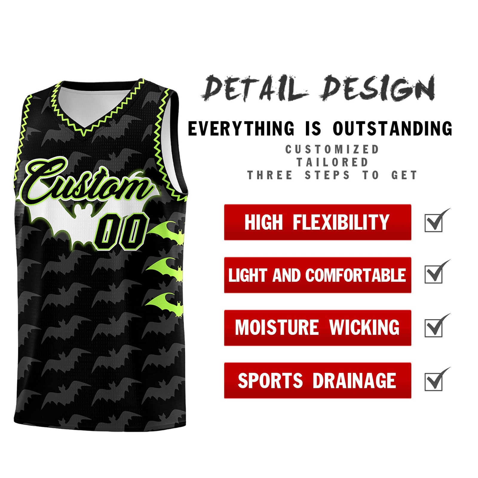 Custom Black Fluorescent Green Bat Pattern Halloween Basketball Jersey | For Men,For Kid,For Youth,Sublimation Printed,Perfect for Training,Perfect for Parties,Add Name and Numbern | KXKSHOP