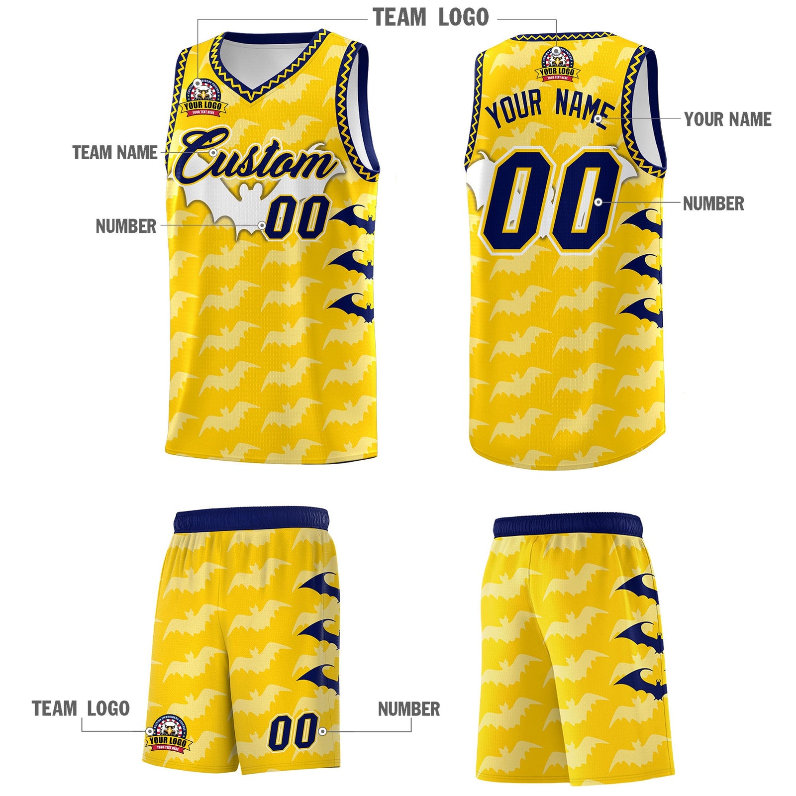 Custom Gold White Navy Bat Pattern Halloween Basketball Jersey | For Men,For Kid,For Youth,Sublimation Printed,Perfect for Training,Perfect for Parties,Add Name and Numbern | KXKSHOP