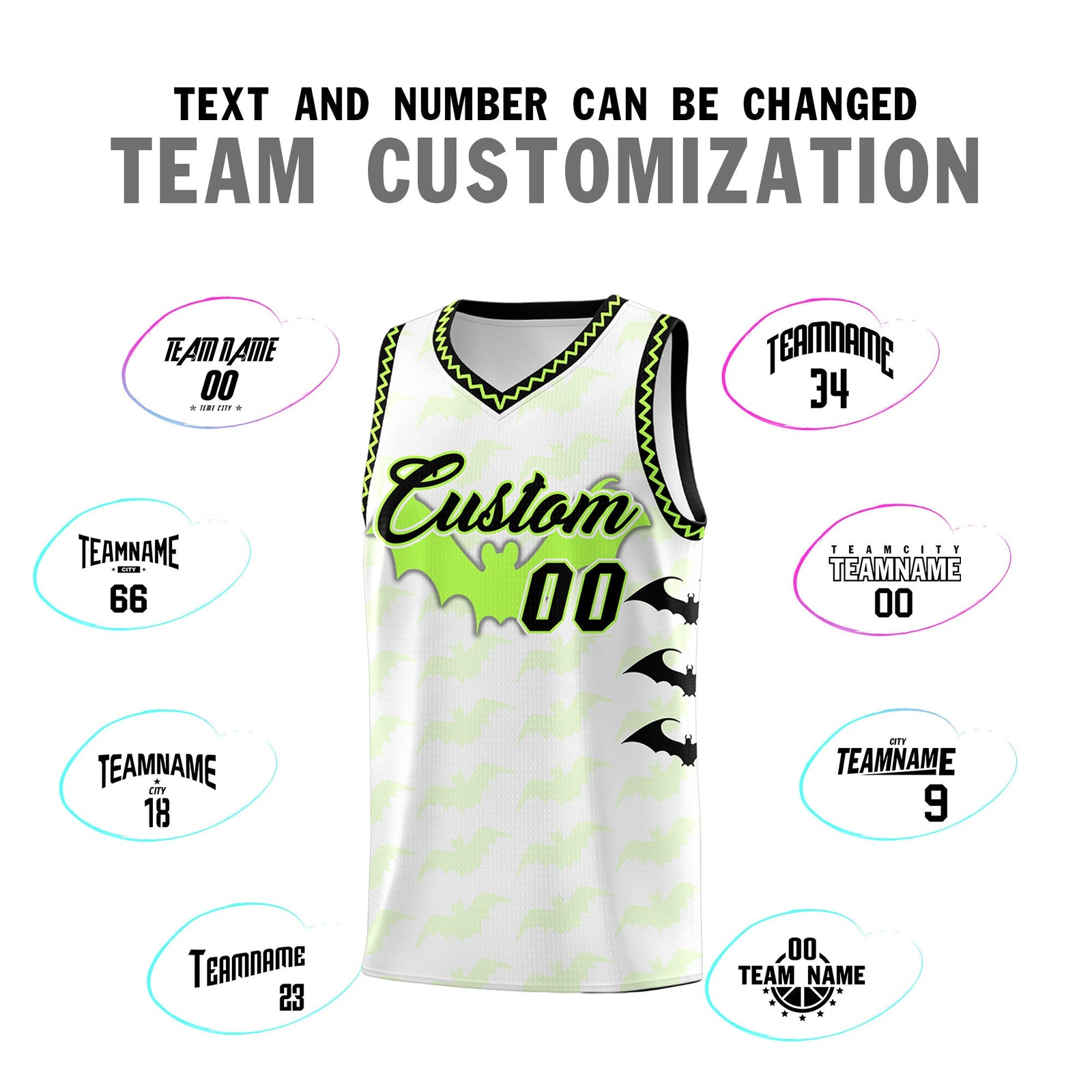 Custom White Fluorescent Green Black Bat Pattern Halloween Basketball Jersey | For Men,For Kid,For Youth,Sublimation Printed,Perfect for Training,Perfect for Parties,Add Name and Numbern | KXKSHOP