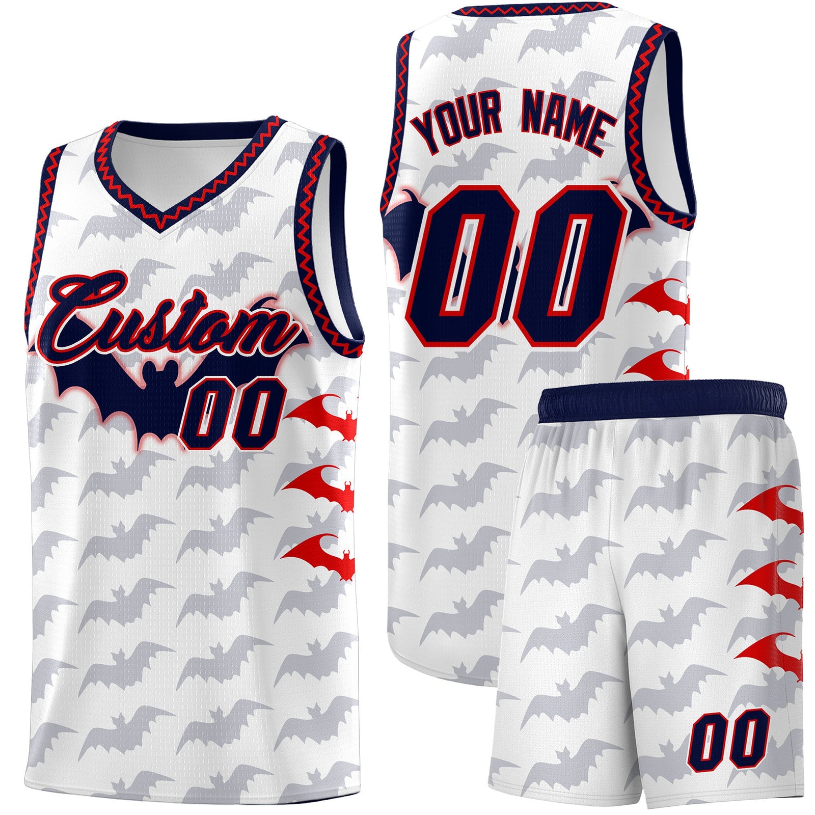 Custom White Red Navy Bat Pattern Halloween Basketball Jersey | For Men,For Kid,For Youth,Sublimation Printed,Perfect for Training,Perfect for Parties,Add Name and Numbern | KXKSHOP