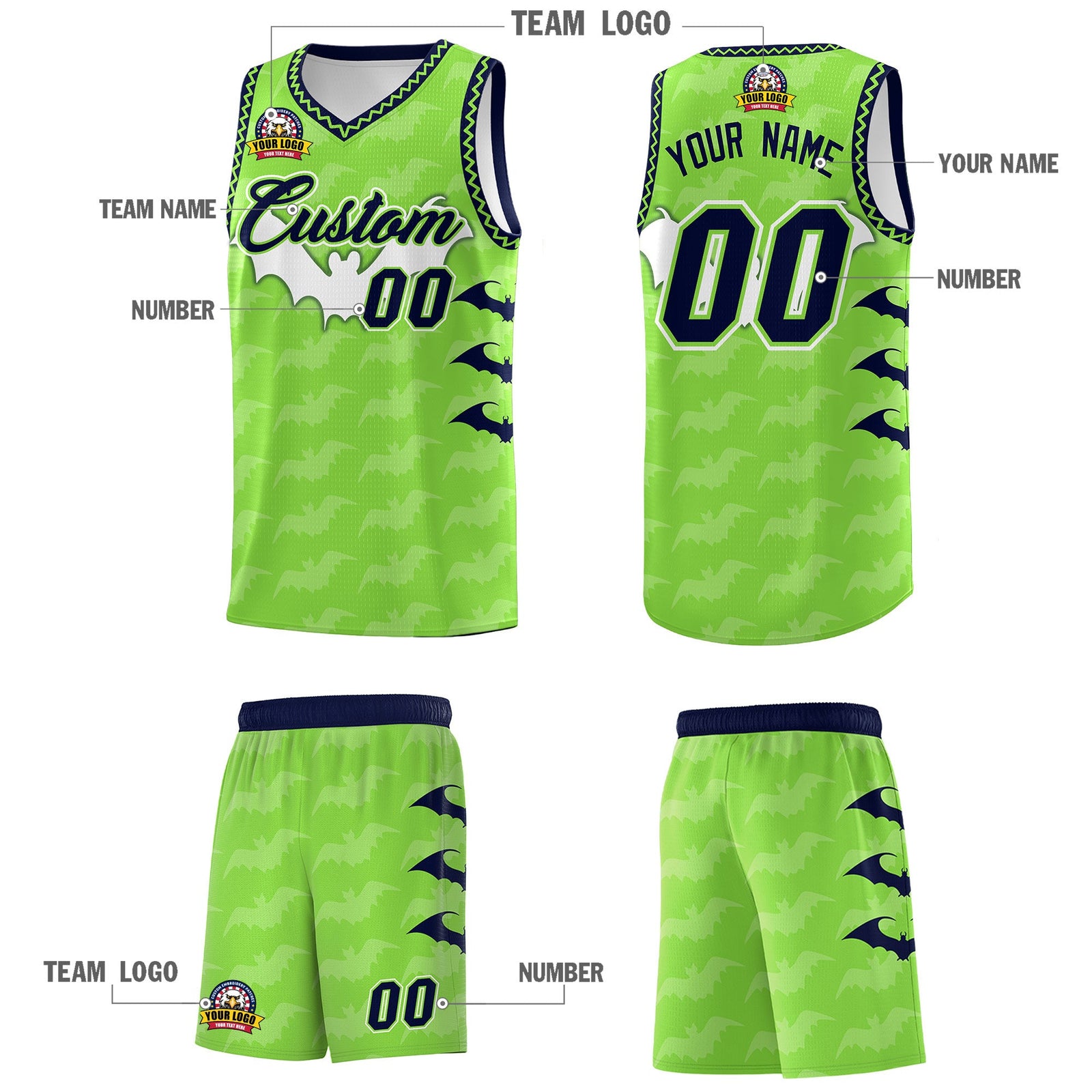 Custom Fluorescent Green Bat Pattern Halloween Basketball Jersey | For Men,For Kid,For Youth,Sublimation Printed,Perfect for Training,Perfect for Parties,Add Name and Numbern | KXKSHOP