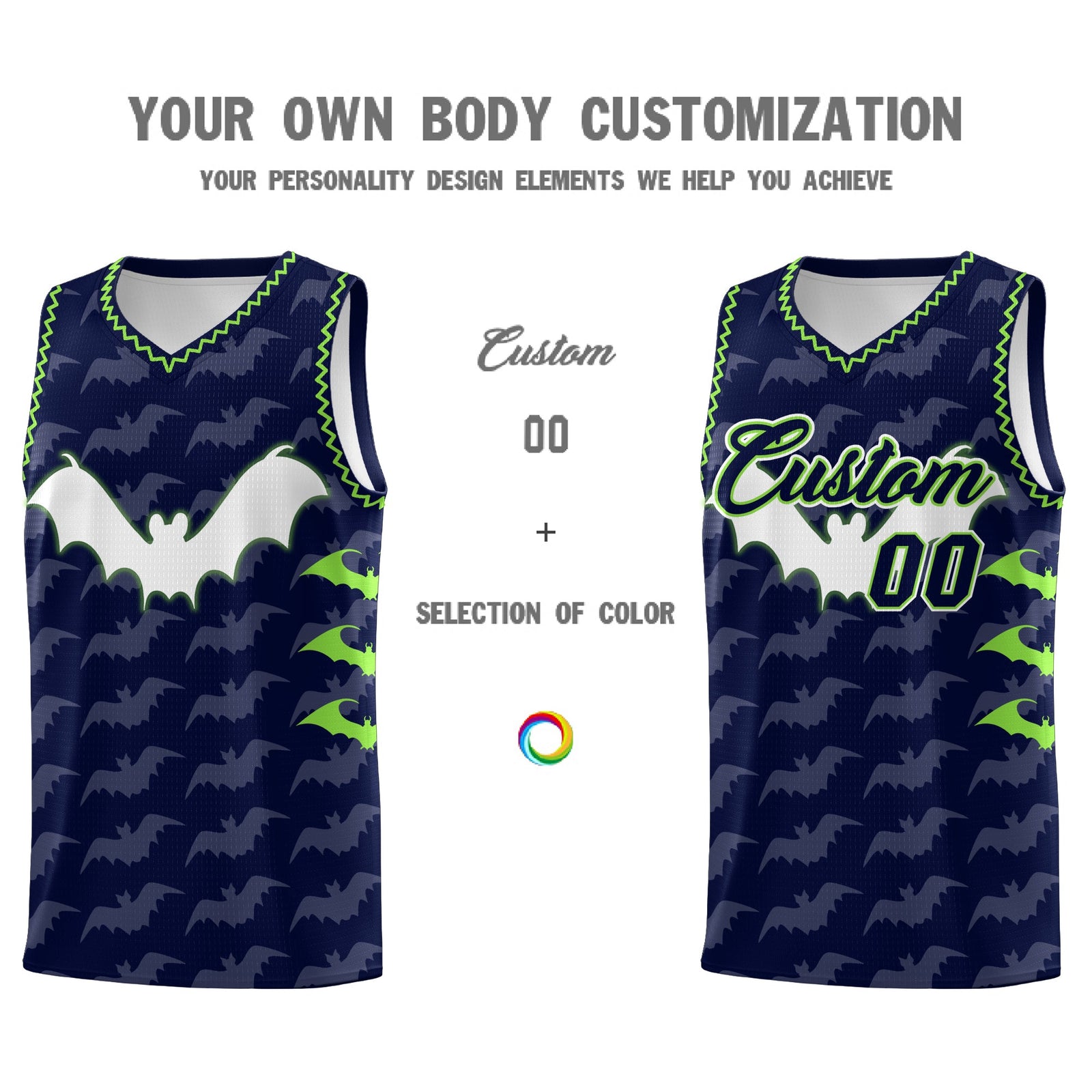 Custom Navy Fluorescent Green Bat Pattern Halloween Basketball Jersey | For Men,For Kid,For Youth,Sublimation Printed,Perfect for Training,Perfect for Parties,Add Name and Numbern | KXKSHOP