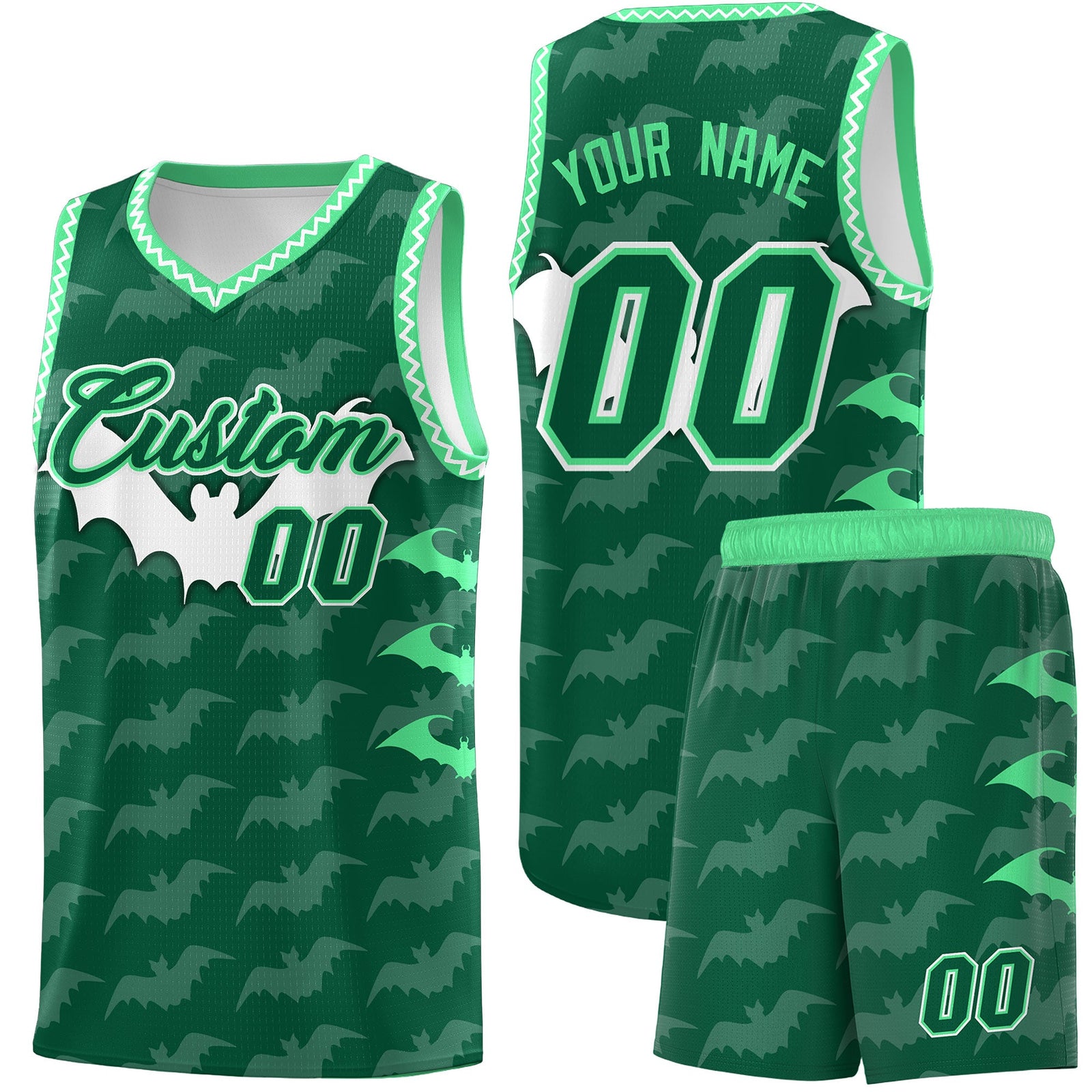 Custom Kelly Green White Green Bat Pattern Halloween Basketball Jersey | For Men,For Kid,For Youth,Sublimation Printed,Perfect for Training,Perfect for Parties,Add Name and Numbern | KXKSHOP