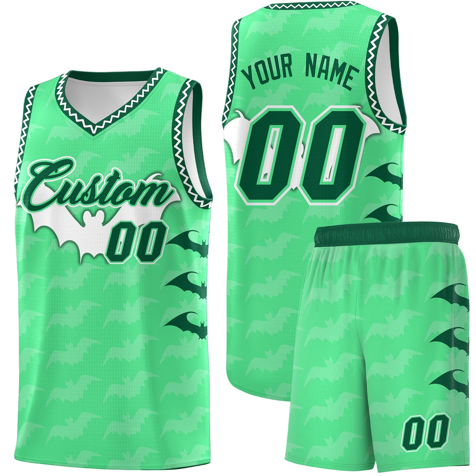 Custom Green White Bat Pattern Halloween Basketball Jersey | For Men,For Kid,For Youth,Sublimation Printed,Perfect for Training,Perfect for Parties,Add Name and Numbern | KXKSHOP