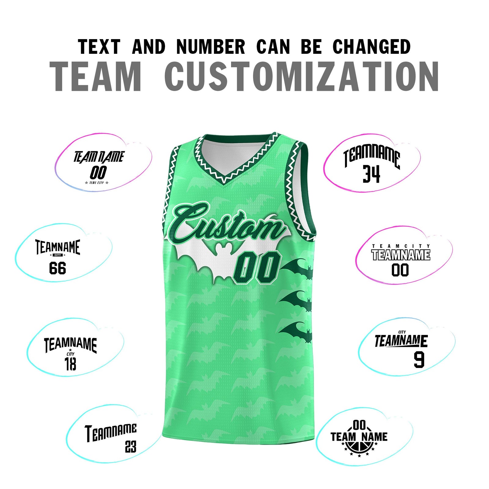 Custom Green White Bat Pattern Halloween Basketball Jersey | For Men,For Kid,For Youth,Sublimation Printed,Perfect for Training,Perfect for Parties,Add Name and Numbern | KXKSHOP