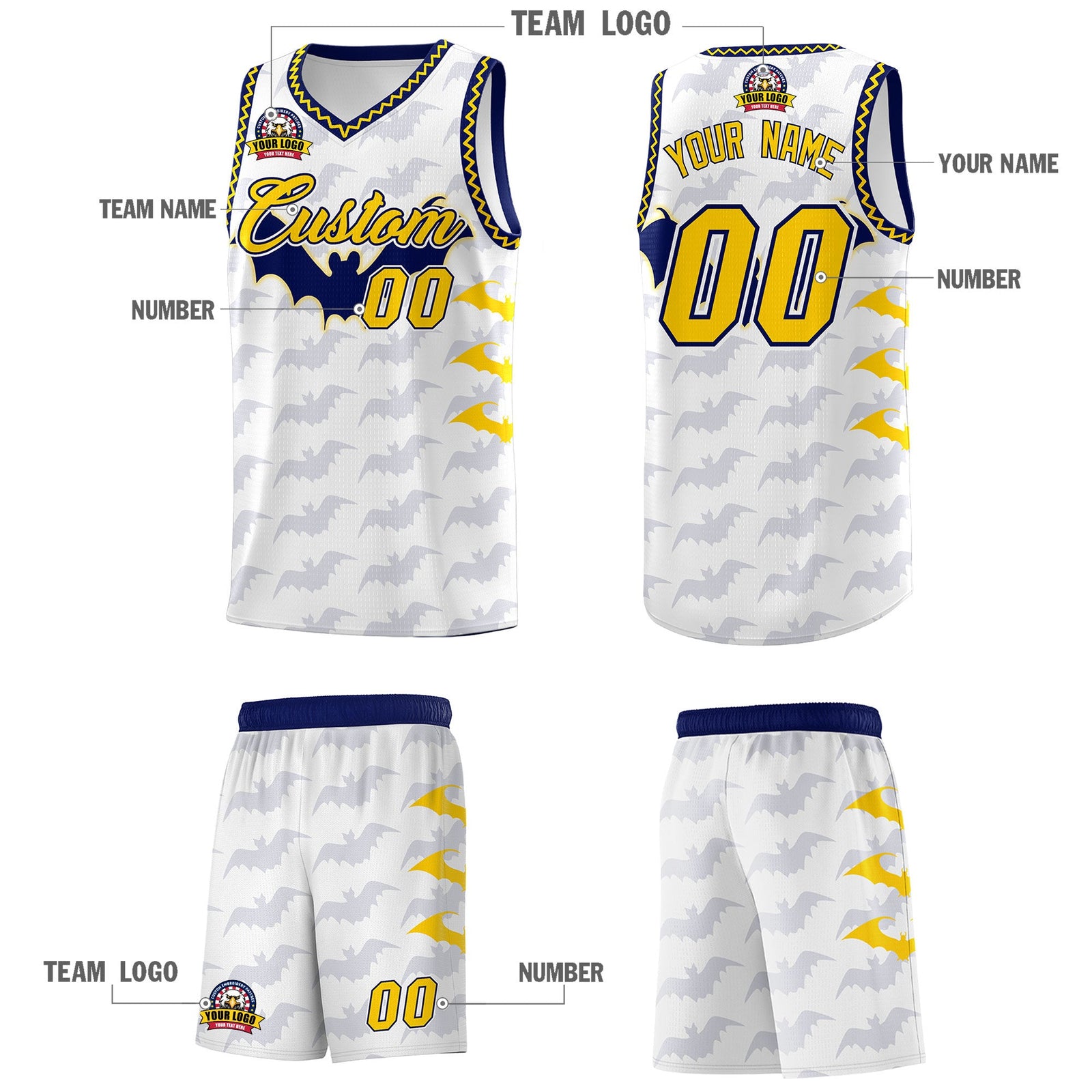 Custom White Gold Navy Bat Pattern Halloween Basketball Jersey | For Men,For Kid,For Youth,Sublimation Printed,Perfect for Training,Perfect for Parties,Add Name and Numbern | KXKSHOP