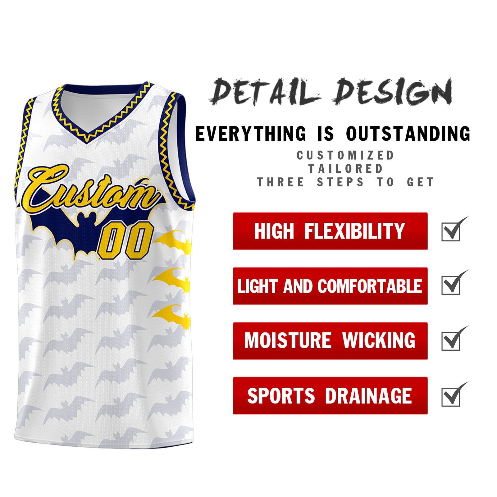Custom White Gold Navy Bat Pattern Halloween Basketball Jersey | For Men,For Kid,For Youth,Sublimation Printed,Perfect for Training,Perfect for Parties,Add Name and Numbern | KXKSHOP