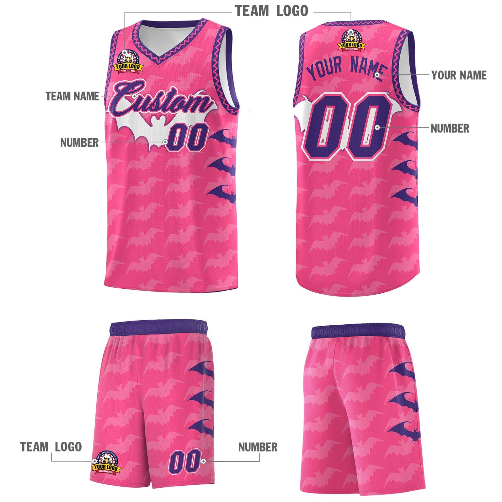 Custom Pink Purple Bat Pattern Halloween Basketball Jersey | For Men,For Kid,For Youth,Sublimation Printed,Perfect for Training,Perfect for Parties,Add Name and Numbern | KXKSHOP