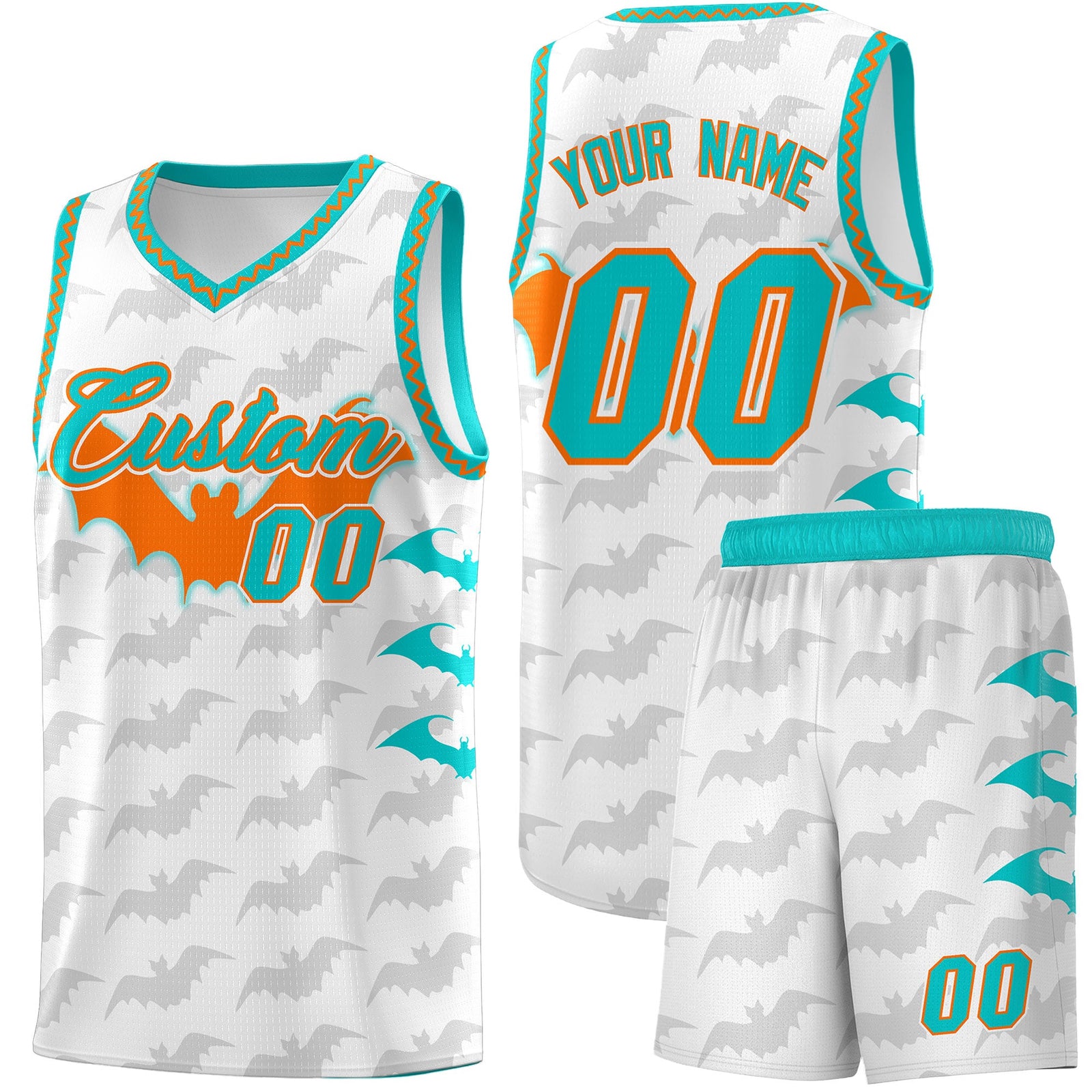 Custom White Orange Aqua Bat Pattern Halloween Basketball Jersey | For Men,For Kid,For Youth,Sublimation Printed,Perfect for Training,Perfect for Parties,Add Name and Numbern | KXKSHOP
