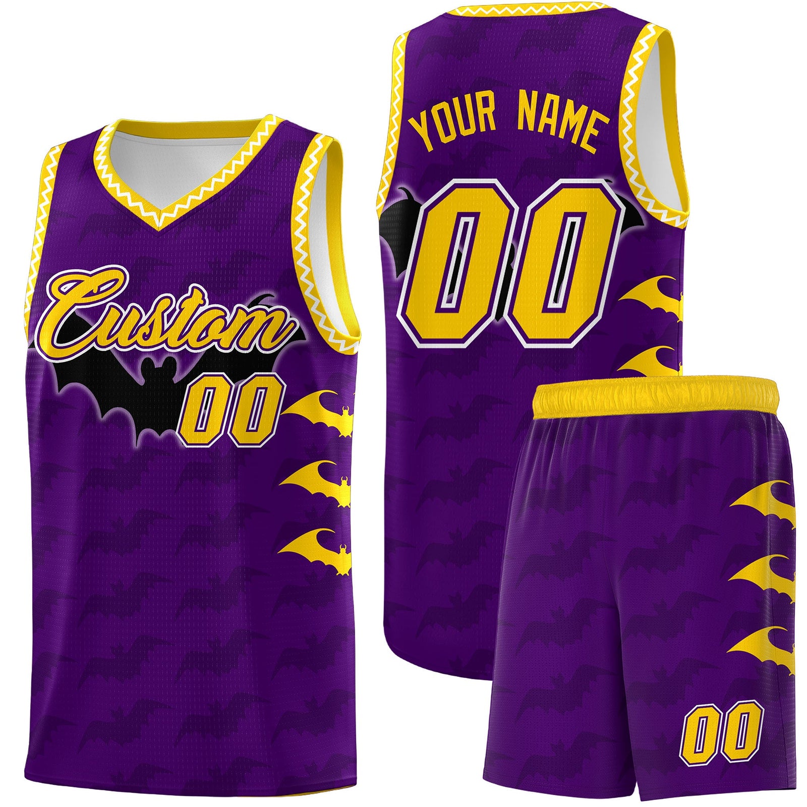 Custom Purple Gold White Bat Pattern Halloween Basketball Jersey | For Men,For Kid,For Youth,Sublimation Printed,Perfect for Training,Perfect for Parties,Add Name and Numbern | KXKSHOP