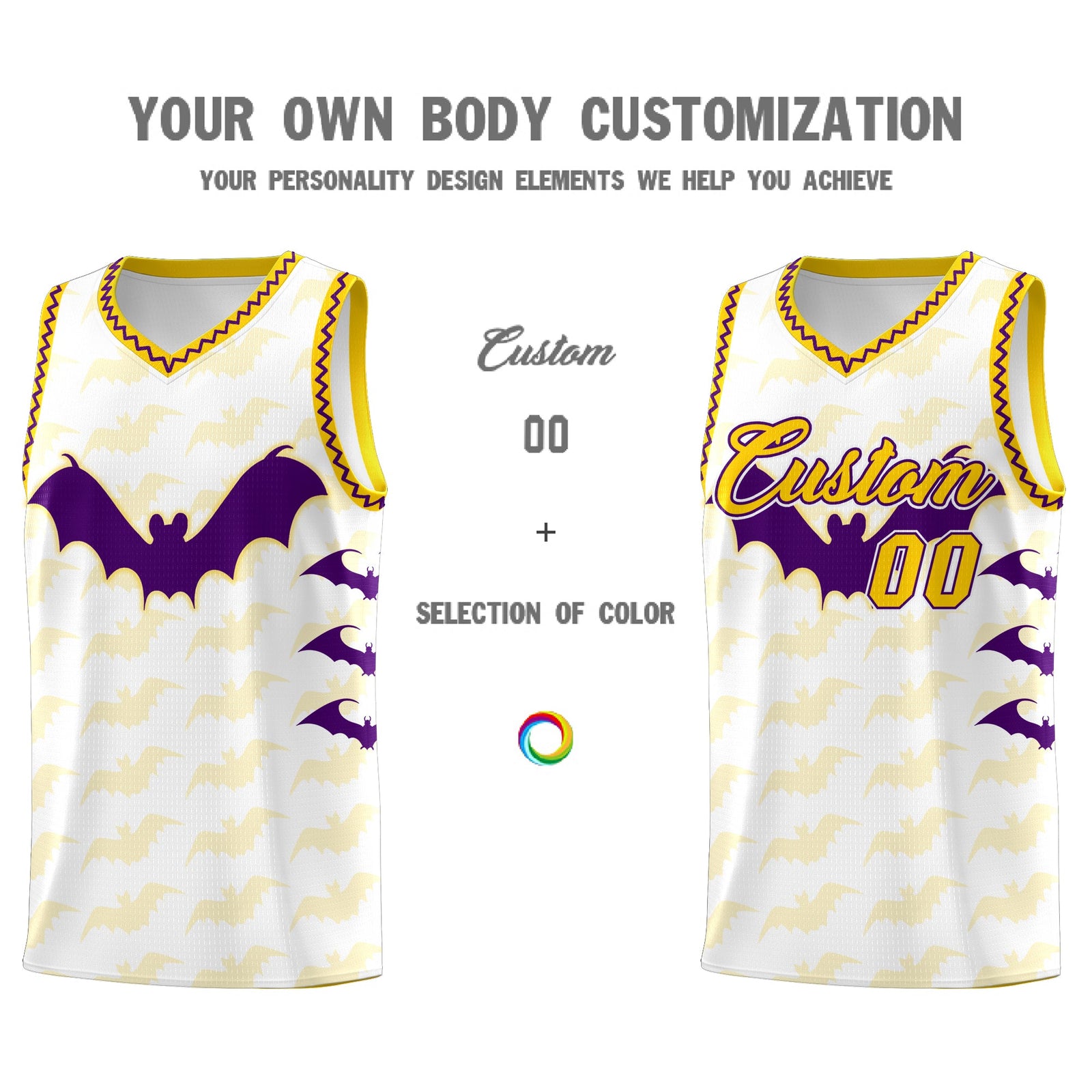 Custom White Purple Gold Bat Pattern Halloween Basketball Jersey | For Men,For Kid,For Youth,Sublimation Printed,Perfect for Training,Perfect for Parties,Add Name and Numbern | KXKSHOP