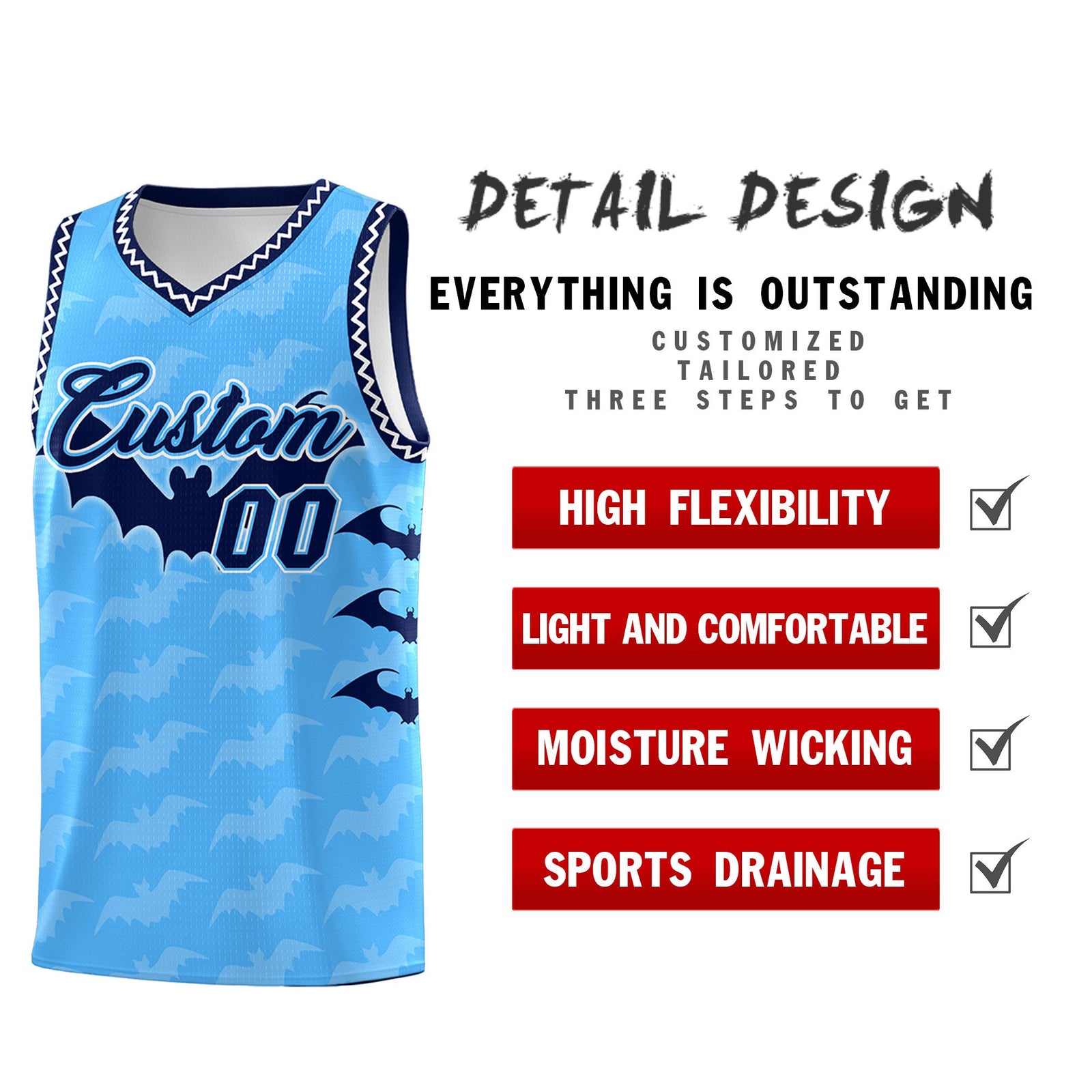 Custom Powder Blue White Bat Pattern Halloween Basketball Jersey | For Men,For Kid,For Youth,Sublimation Printed,Perfect for Training,Perfect for Parties,Add Name and Numbern | KXKSHOP