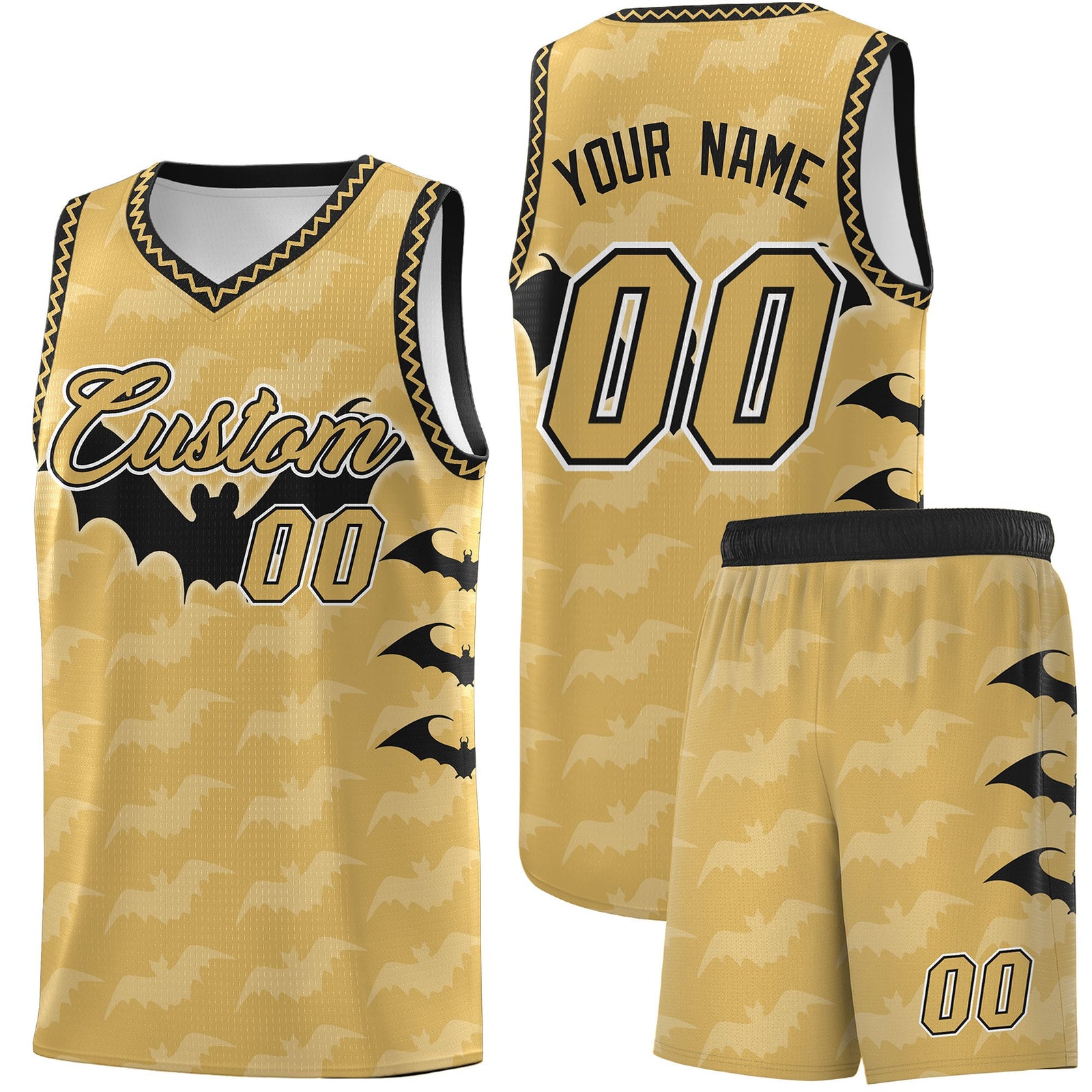 Custom Old Gold Black White Bat Pattern Halloween Basketball Jersey | For Men,For Kid,For Youth,Sublimation Printed,Perfect for Training,Perfect for Parties,Add Name and Numbern | KXKSHOP