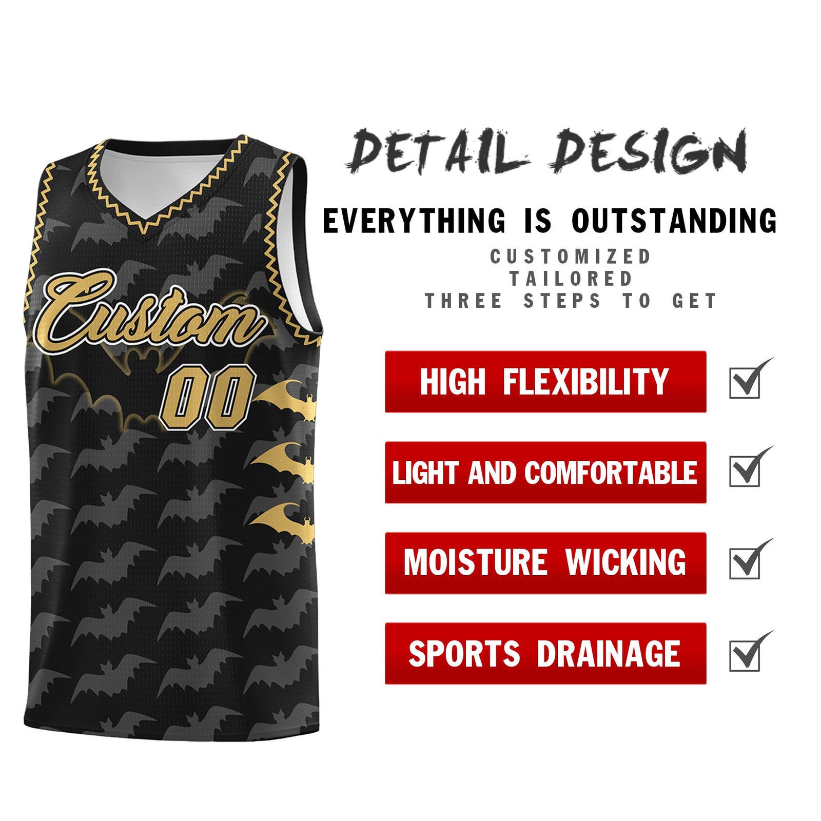 Custom Black Old Gold White Bat Pattern Halloween Basketball Jersey | For Men,For Kid,For Youth,Sublimation Printed,Perfect for Training,Perfect for Parties,Add Name and Numbern | KXKSHOP
