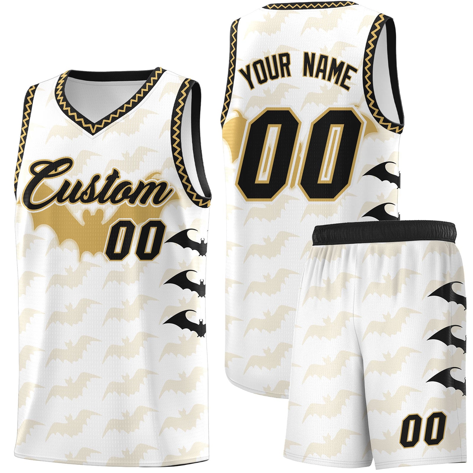 Custom White Old Gold Bat Pattern Halloween Basketball Jersey | For Men,For Kid,For Youth,Sublimation Printed,Perfect for Training,Perfect for Parties,Add Name and Numbern | KXKSHOP
