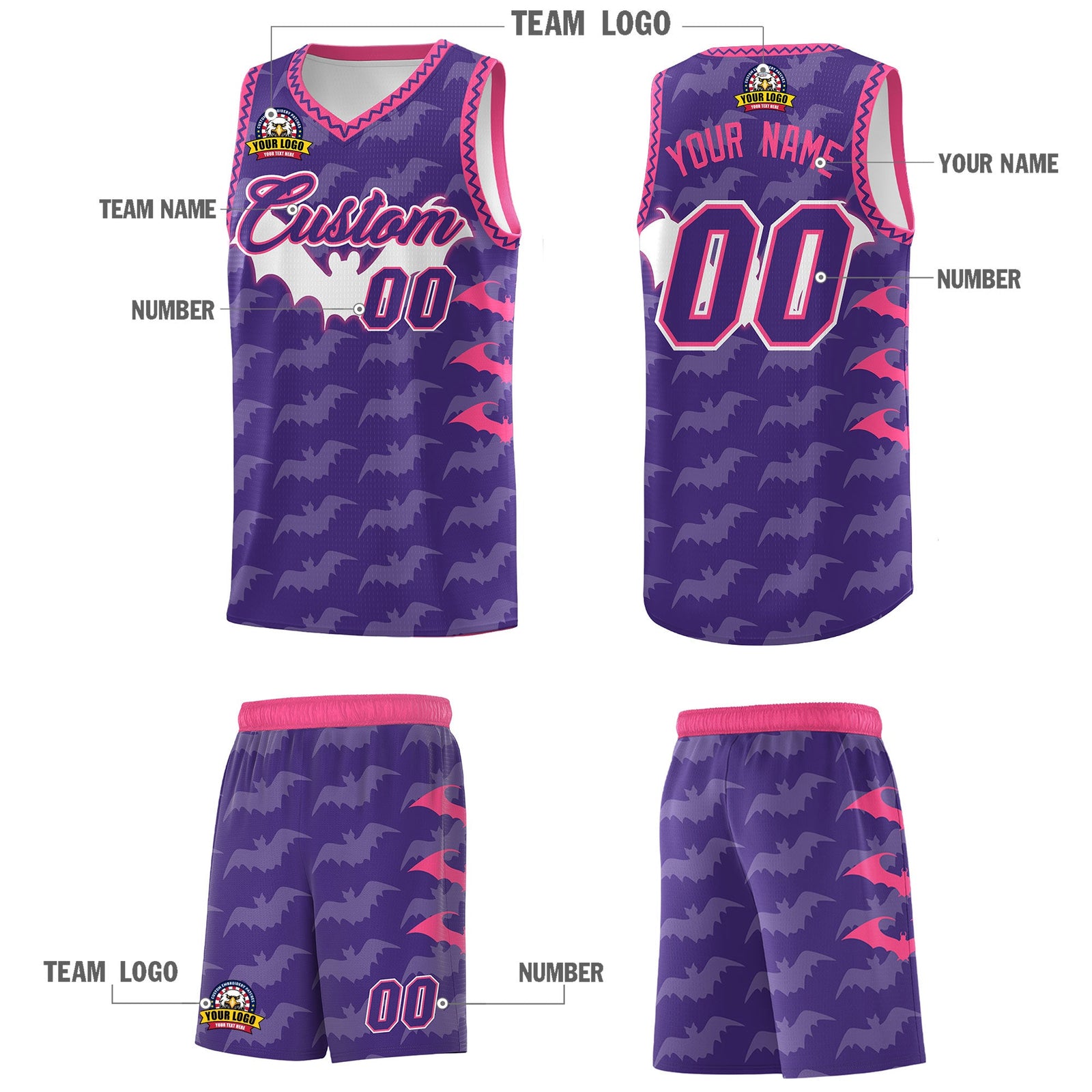 Custom Purple White Pink Bat Pattern Halloween Basketball Jersey | For Men,For Kid,For Youth,Sublimation Printed,Perfect for Training,Perfect for Parties,Add Name and Numbern | KXKSHOP
