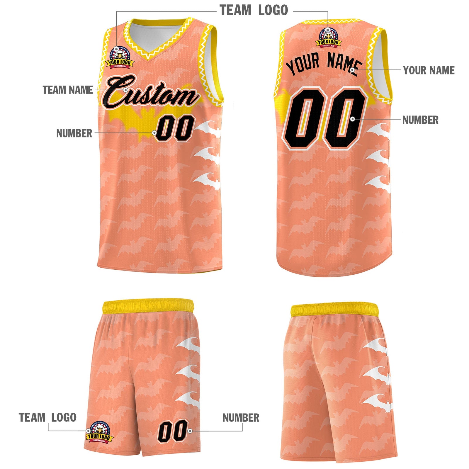 Custom Light Orange White Bat Pattern Halloween Basketball Jersey | For Men,For Kid,For Youth,Sublimation Printed,Perfect for Training,Perfect for Parties,Add Name and Numbern | KXKSHOP
