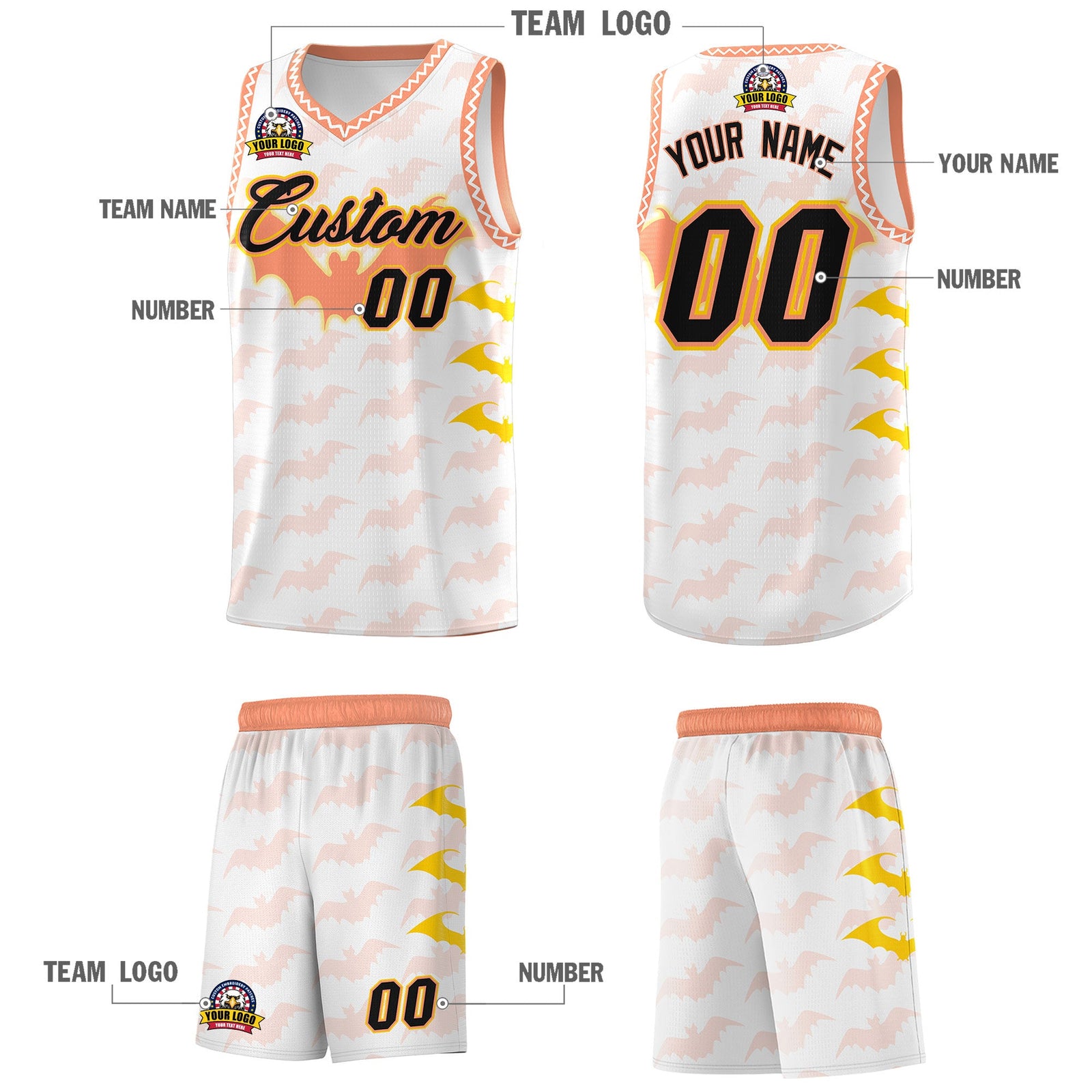 Custom White Gold Light Orange Bat Pattern Halloween Basketball Jersey | For Men,For Kid,For Youth,Sublimation Printed,Perfect for Training,Perfect for Parties,Add Name and Numbern | KXKSHOP