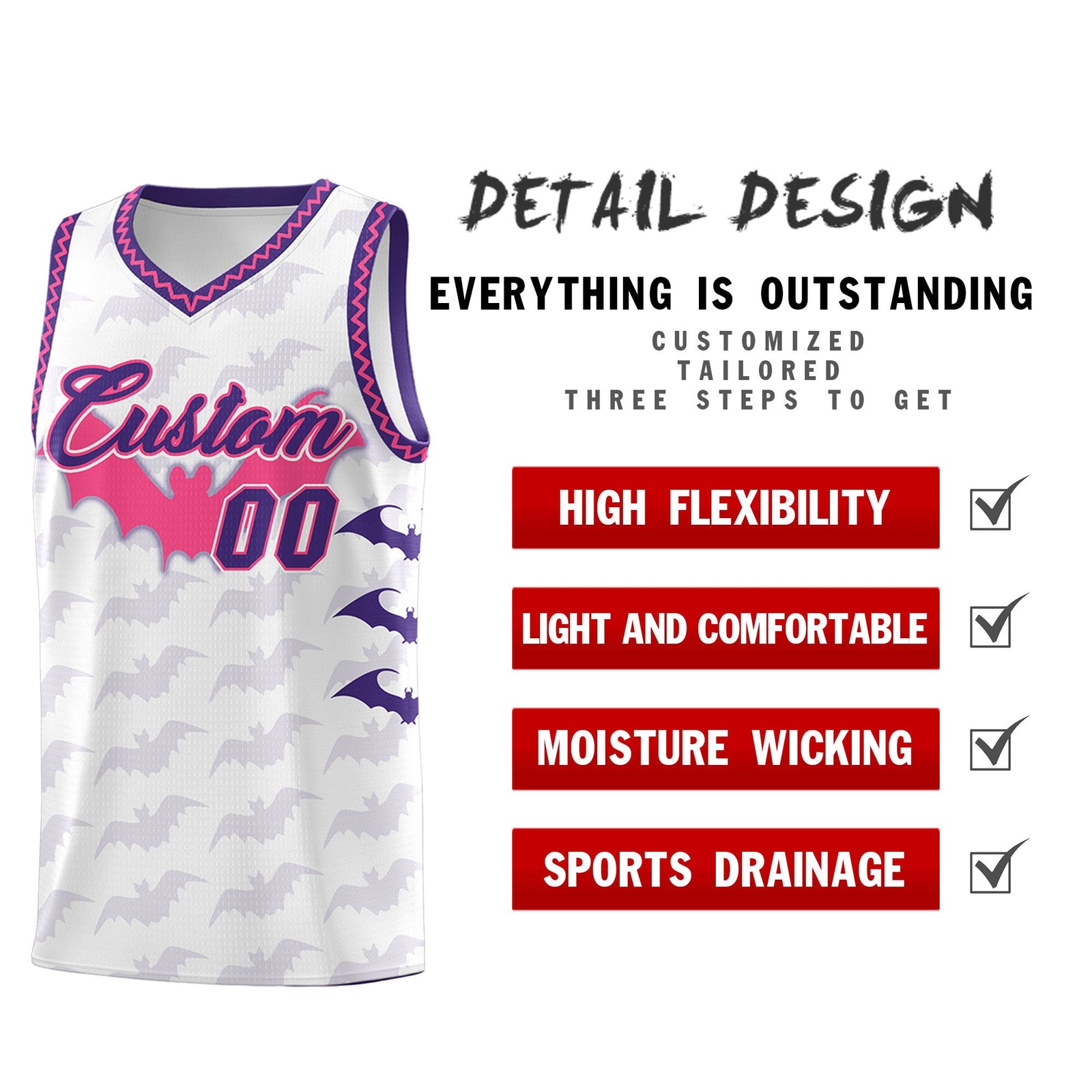Custom White Pink Purple Bat Pattern Halloween Basketball Jersey | For Men,For Kid,For Youth,Sublimation Printed,Perfect for Training,Perfect for Parties,Add Name and Numbern | KXKSHOP
