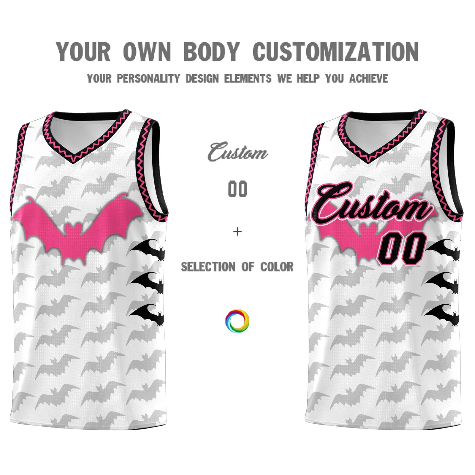 Custom White Black Pink Bat Pattern Halloween Basketball Jersey | For Men,For Kid,For Youth,Sublimation Printed,Perfect for Training,Perfect for Parties,Add Name and Numbern | KXKSHOP
